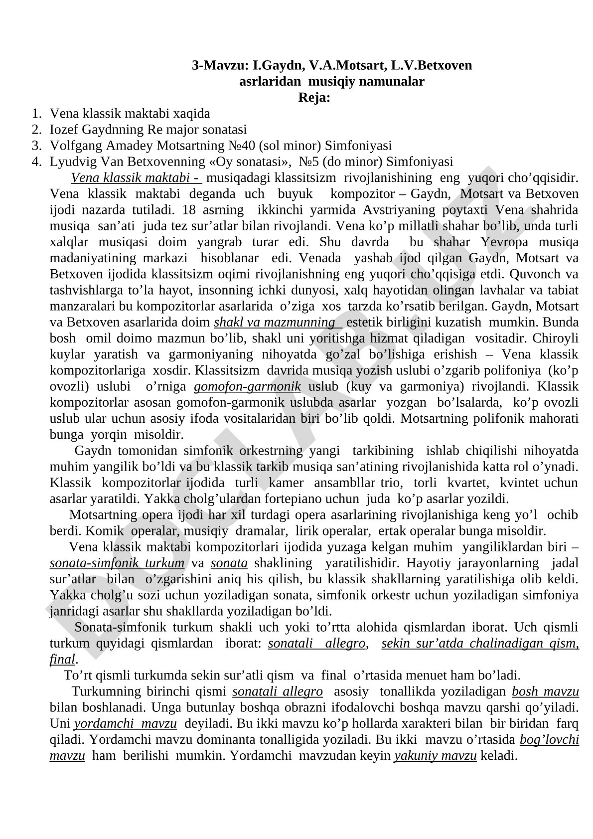 I.Gaydn, V.A.Motsart, L.V.Betxoven asrlaridan musiqiy namunalar