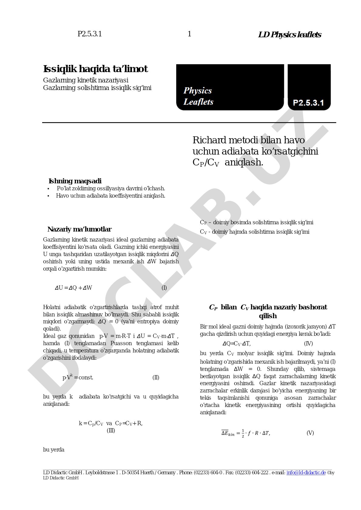 Havo uchun adiabata ko’rsatgichini (CP/CV) Richard metodi bilan aniqlash