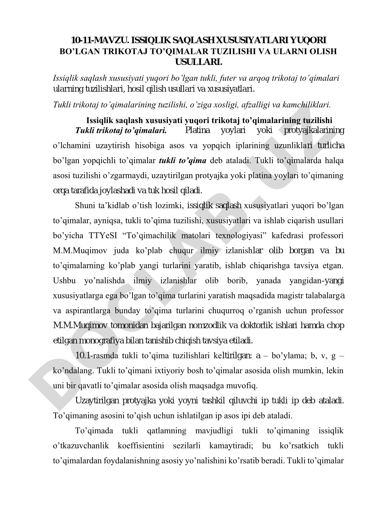 Issiqlik saqlash xususiyatlari yuqori bo’lgan trikotaj to’qimalar tuzilishi va ularni olish usullari