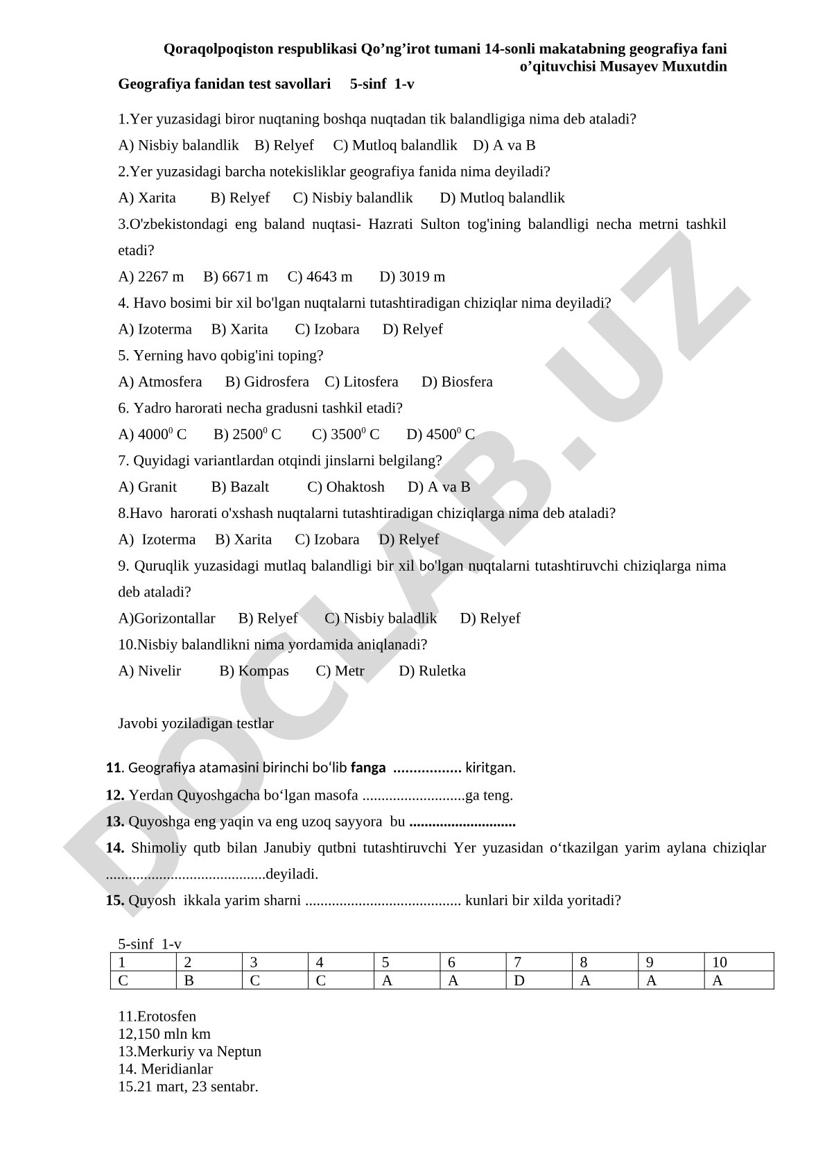 Geografiya fanidan 5-sinf 1-variant test savollari