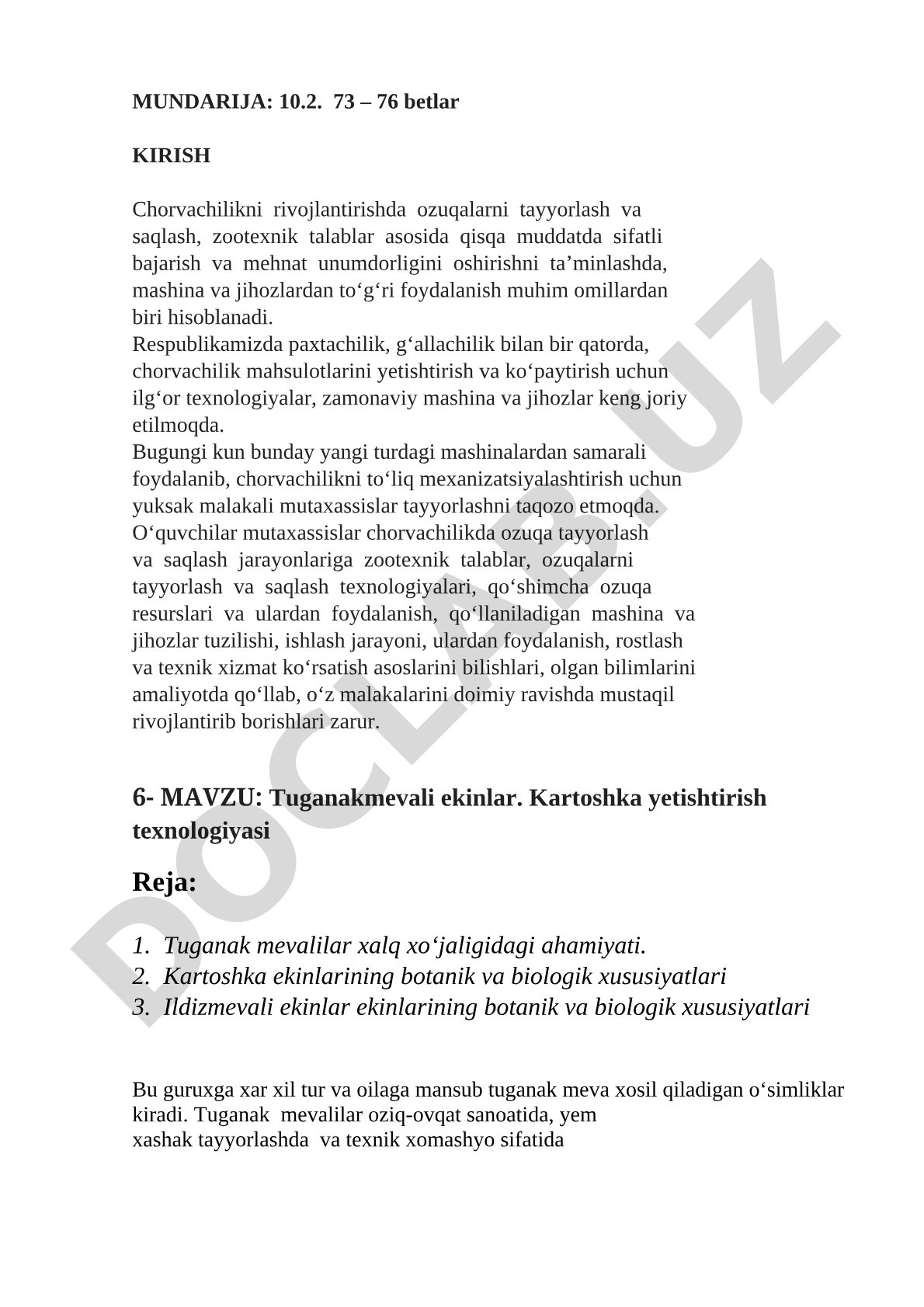 Tuganakmevali ekinlar. Kartoshka yetishtirish texnologiyasi