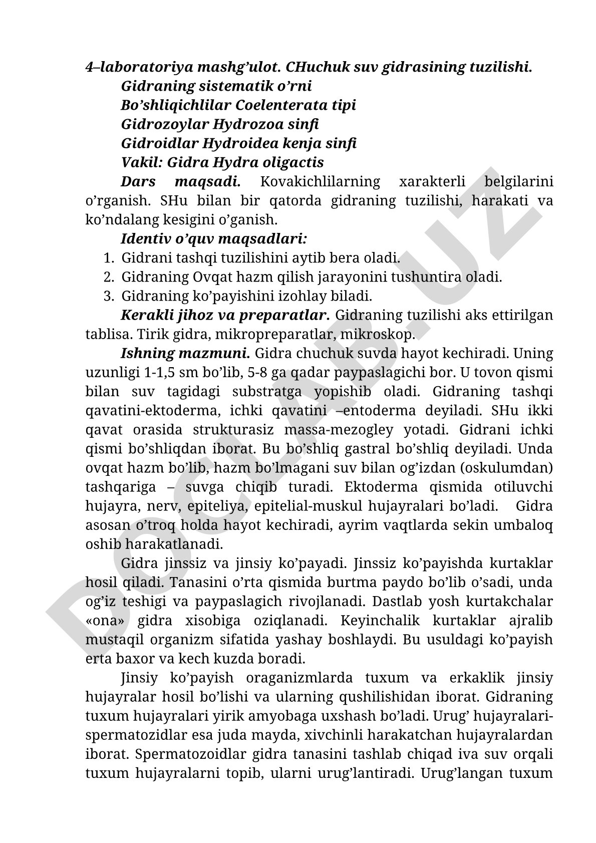 Chuchuk suv gidrasining tuzilishi