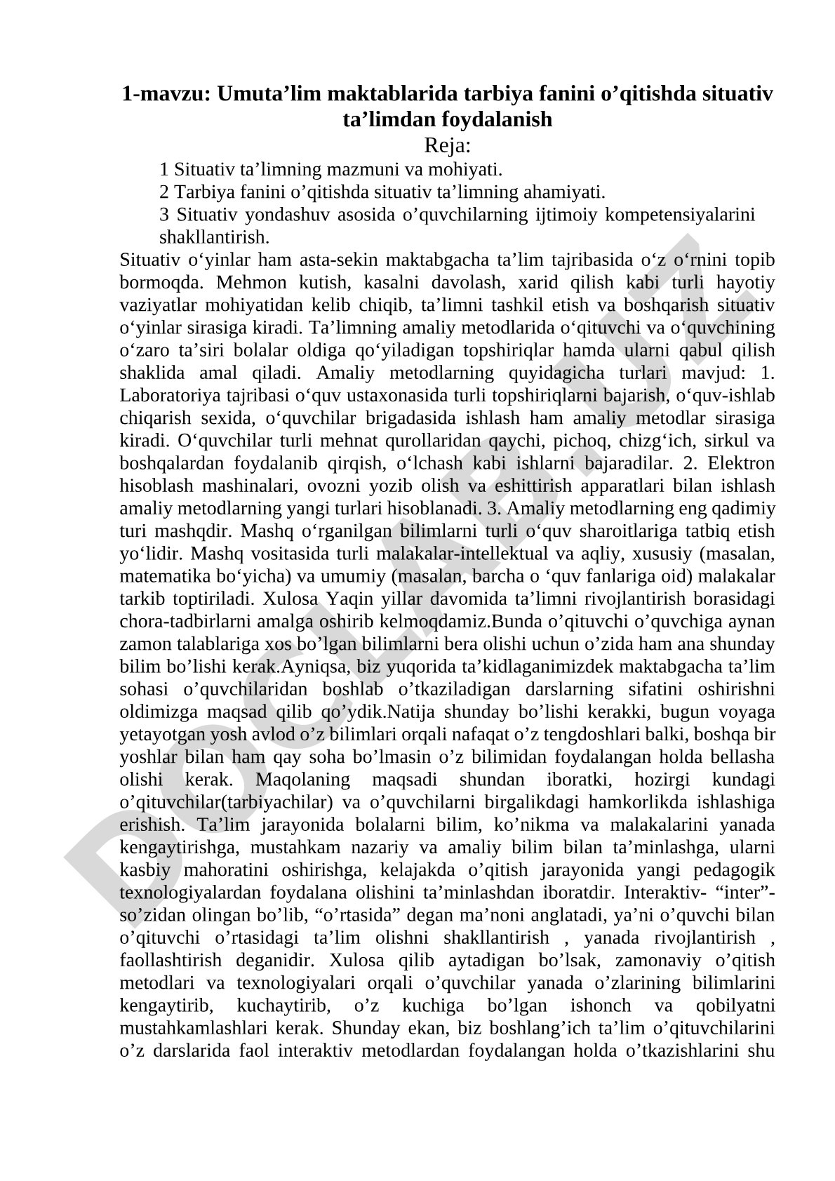 Umuta’lim maktablarida tarbiya fanini o’qitishda situativ ta’limdan foydalanish