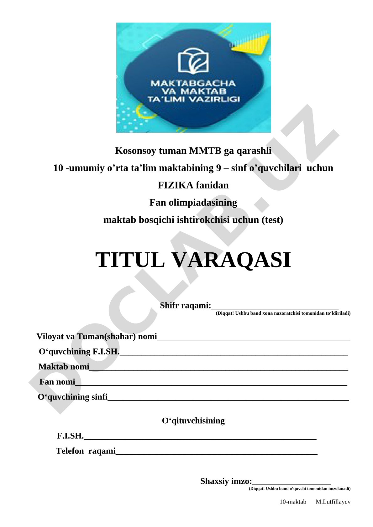 Fizika fan olimpiadasi 9-sinf topshiriqlari (I maktab bosqichi)