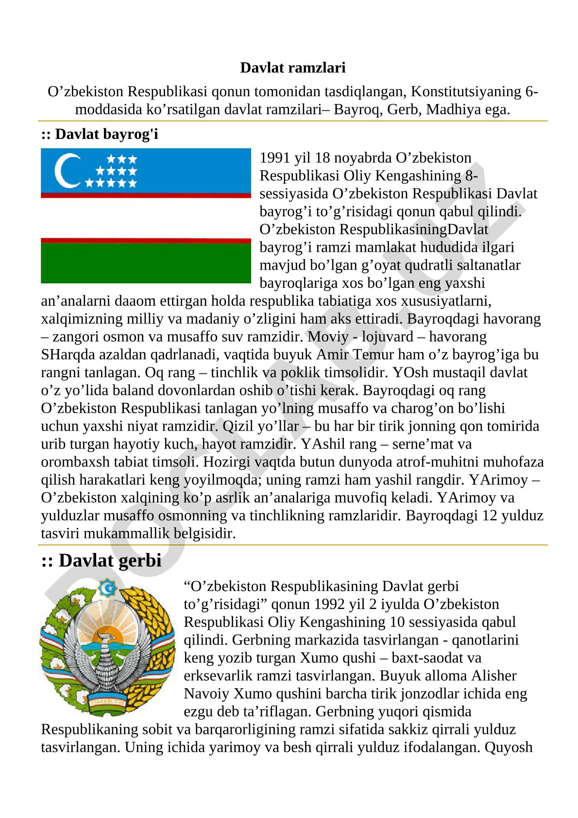 O'zbekiston Respublikasi davlat ramzlari: bayrog'i, gerbi va madhiyasi haqida ma'lumot