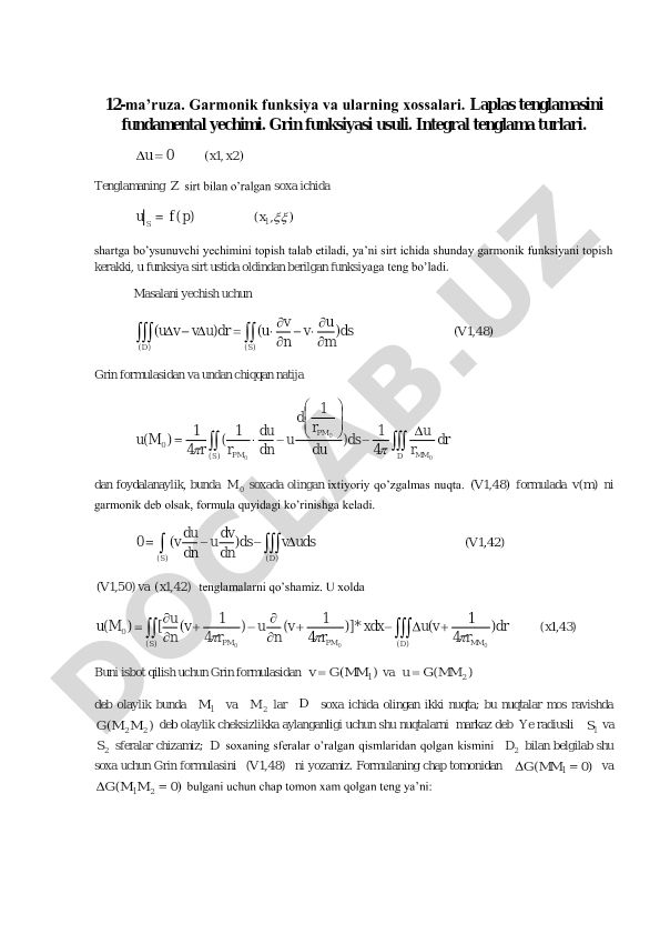 Garmonik funksiya va ularning xossalari. Laplas tenglamasini fundamental yechimi