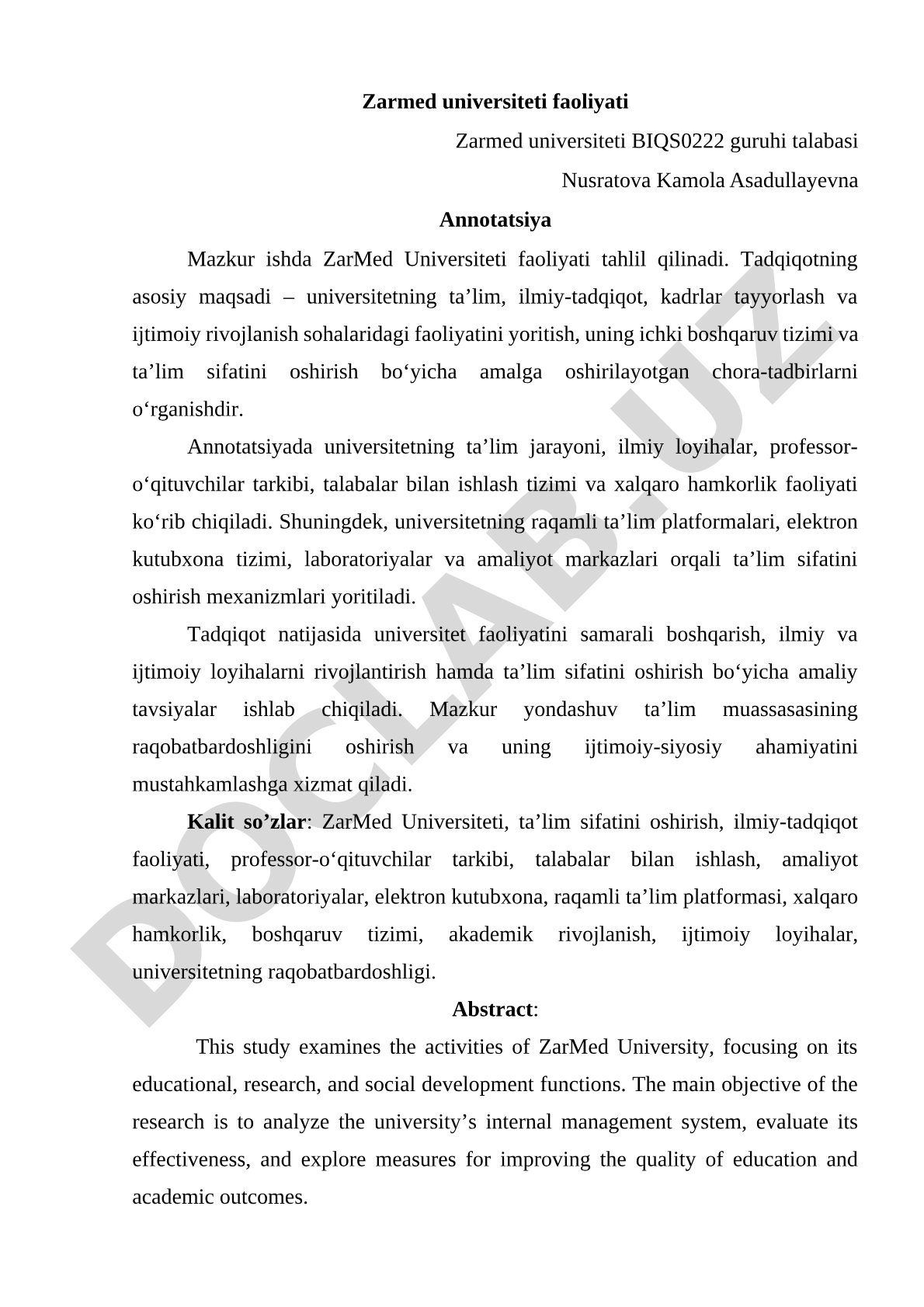 Zarmed universiteti faoliyati