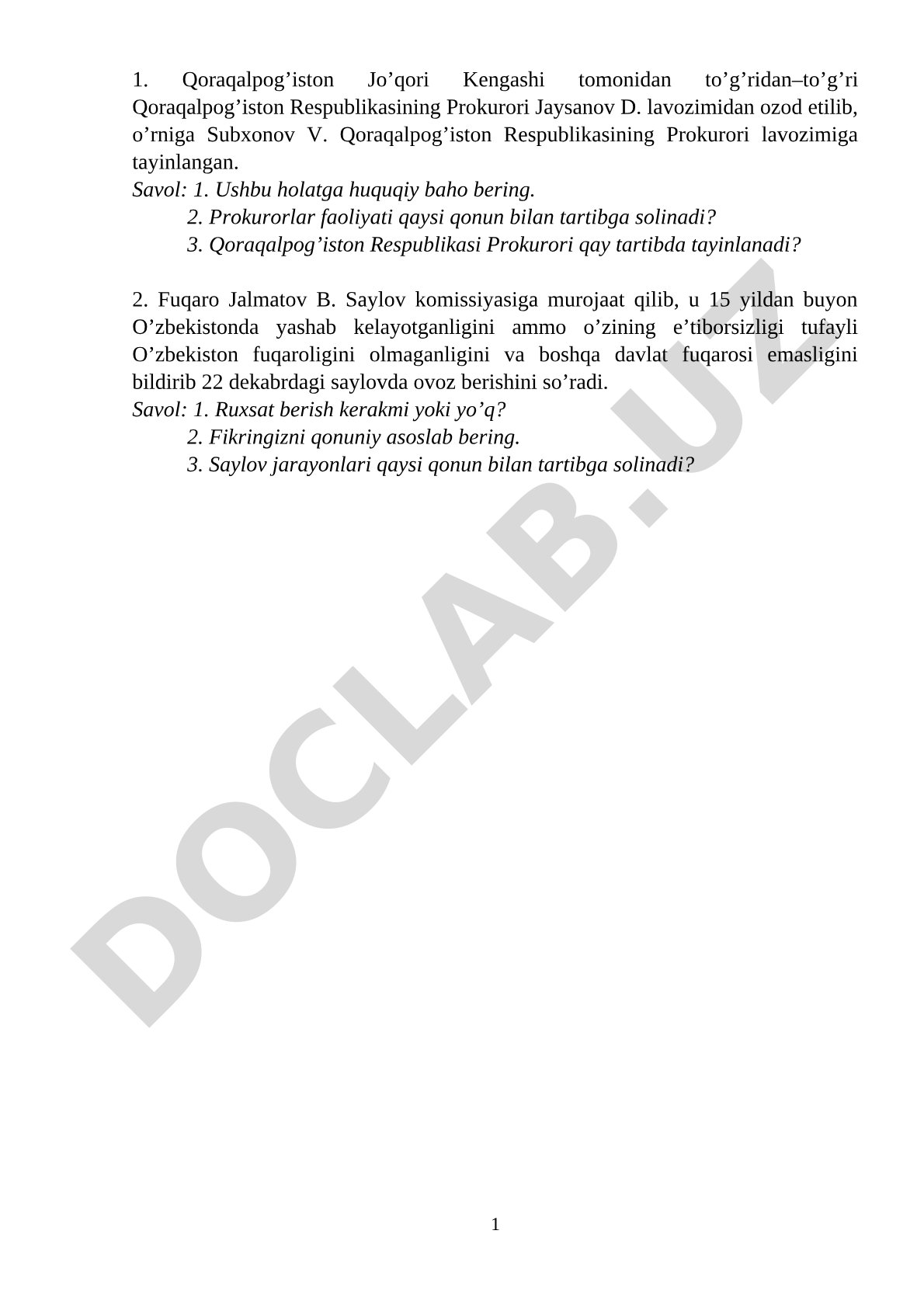 Prokuror tayinlash va saylov huquqiga oid huquqiy vaziyatlar