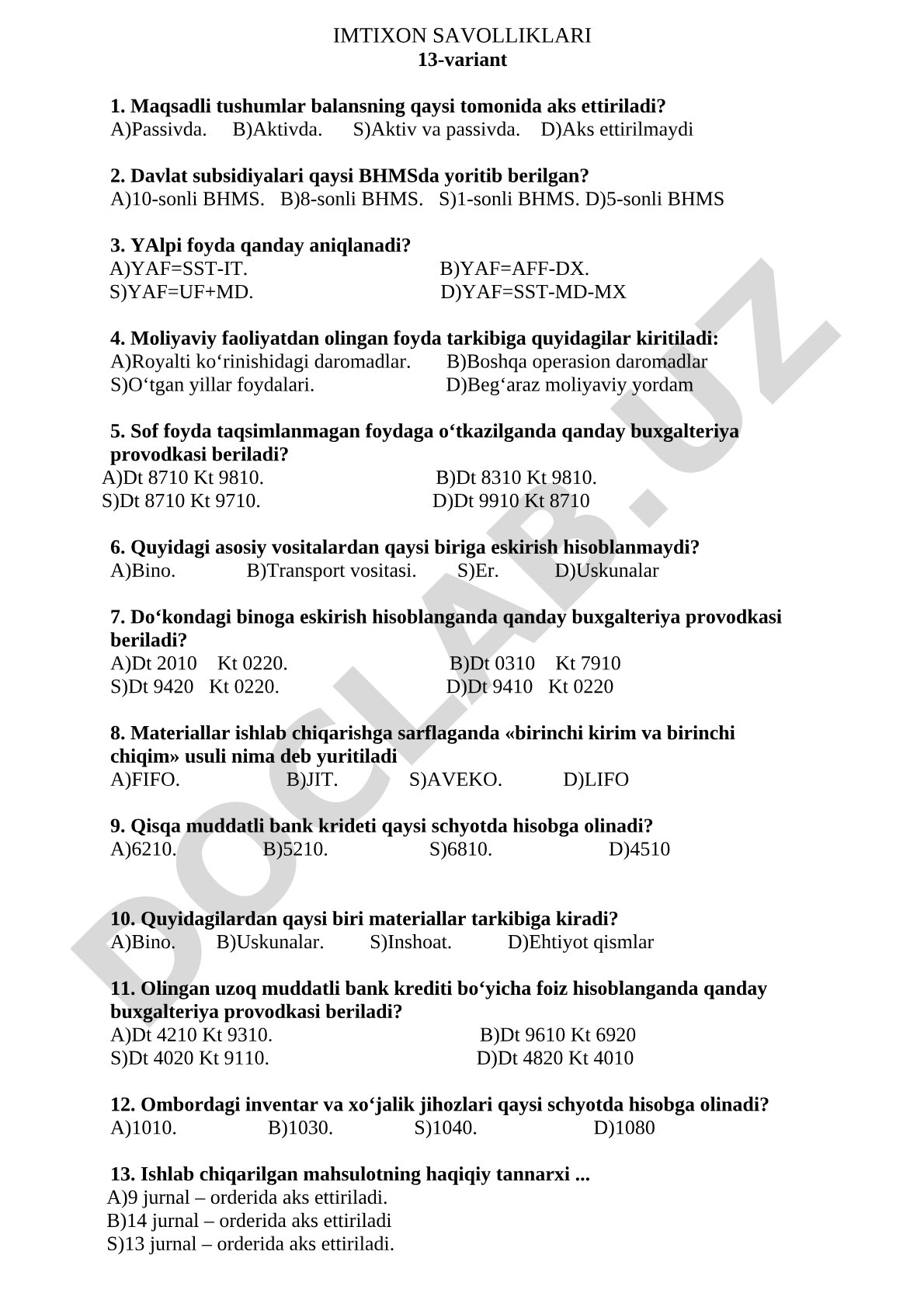 Buxgalteriya hisobi imtixon savollari