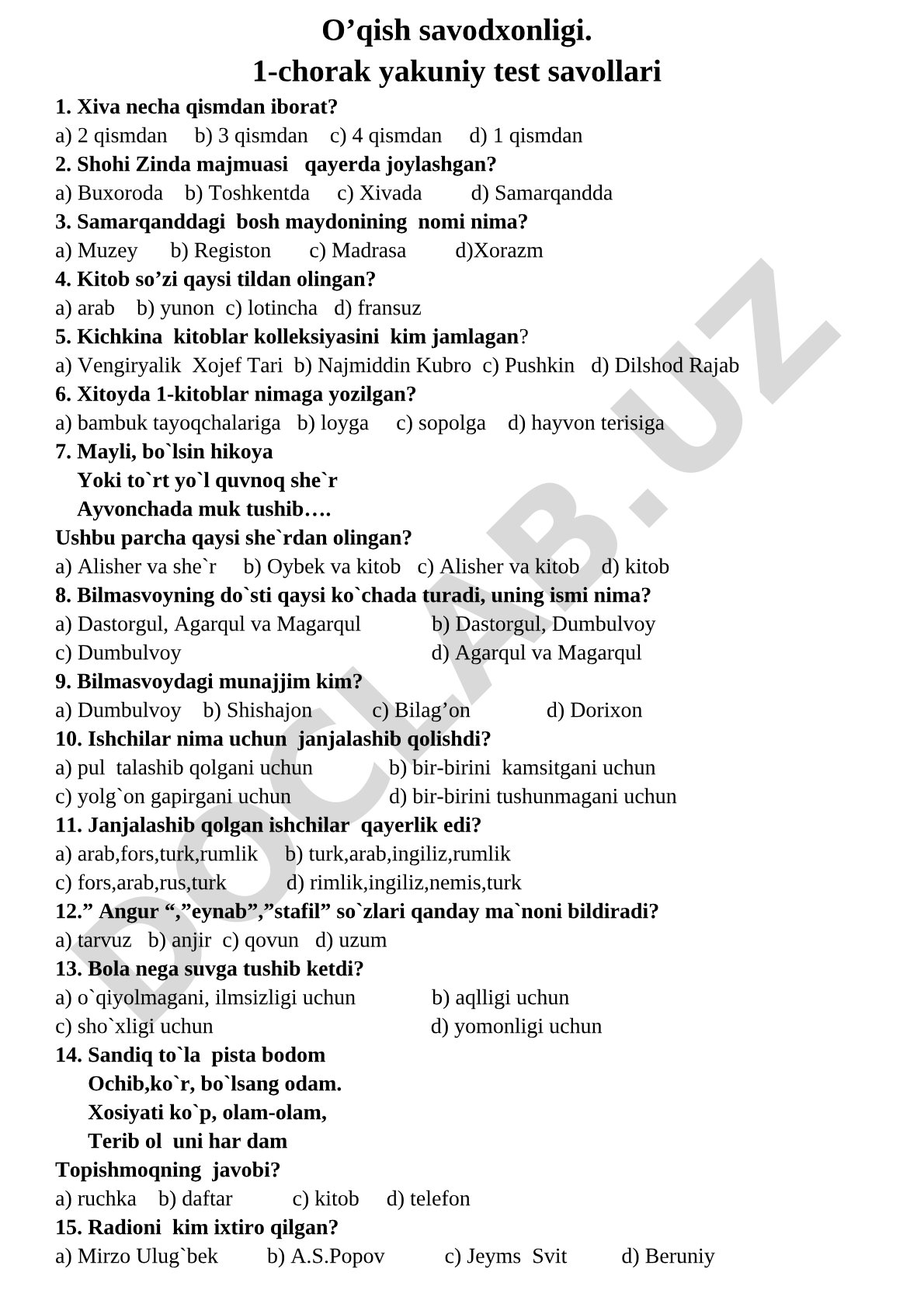 O'qish savodxonligi. 1-chorak yakuniy test savollari