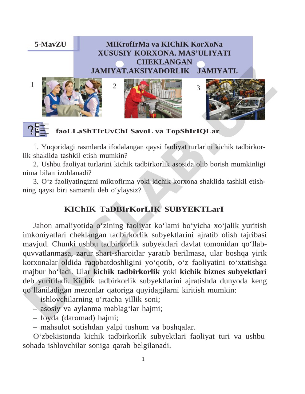 Mikrofirma va kichik korxona. Xususiy korxona. Mas'uliyati cheklangan jamiyat. Aksiyadorlik jamiyati.
