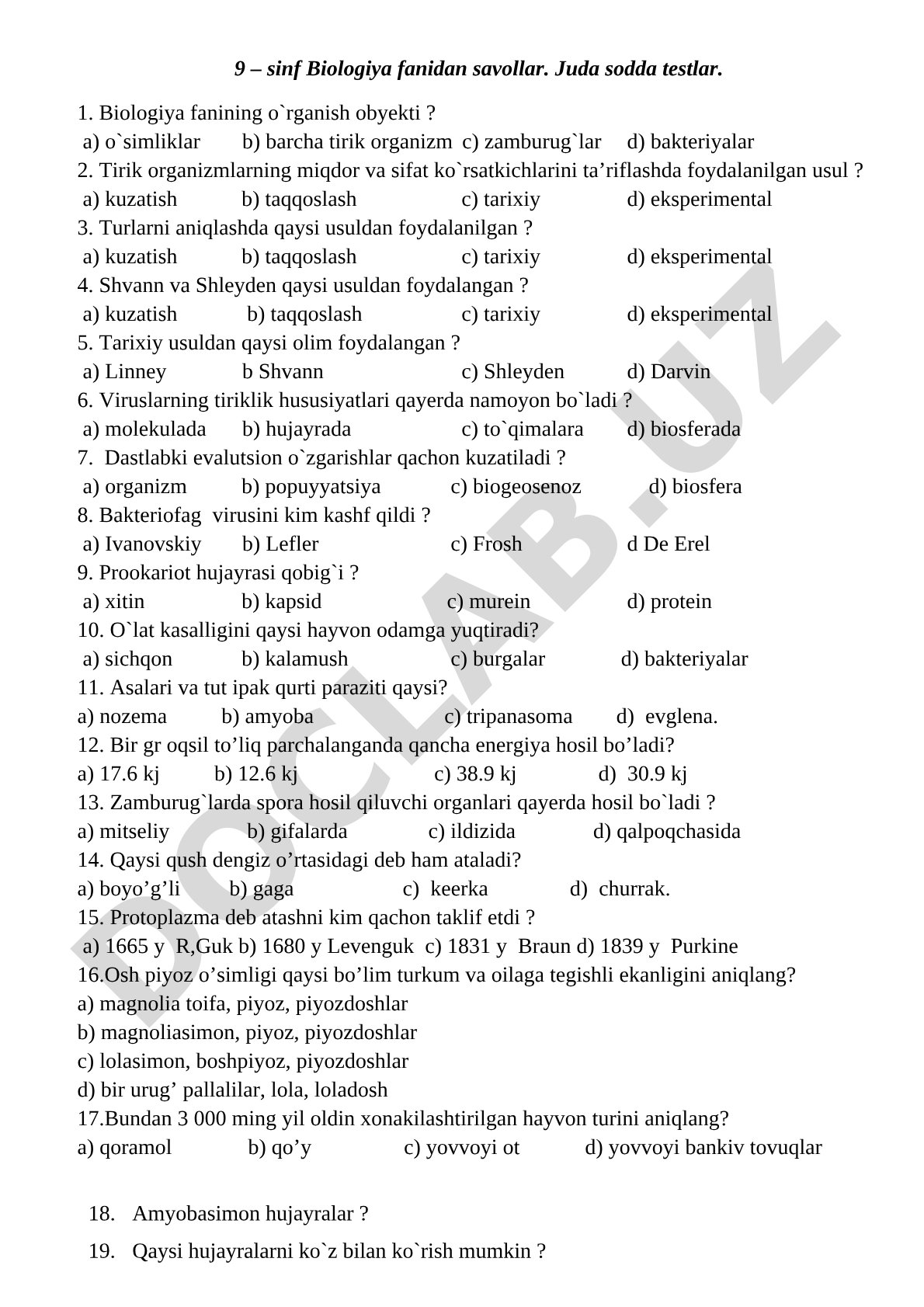 9-sinf Biologiya fanidan test savollari