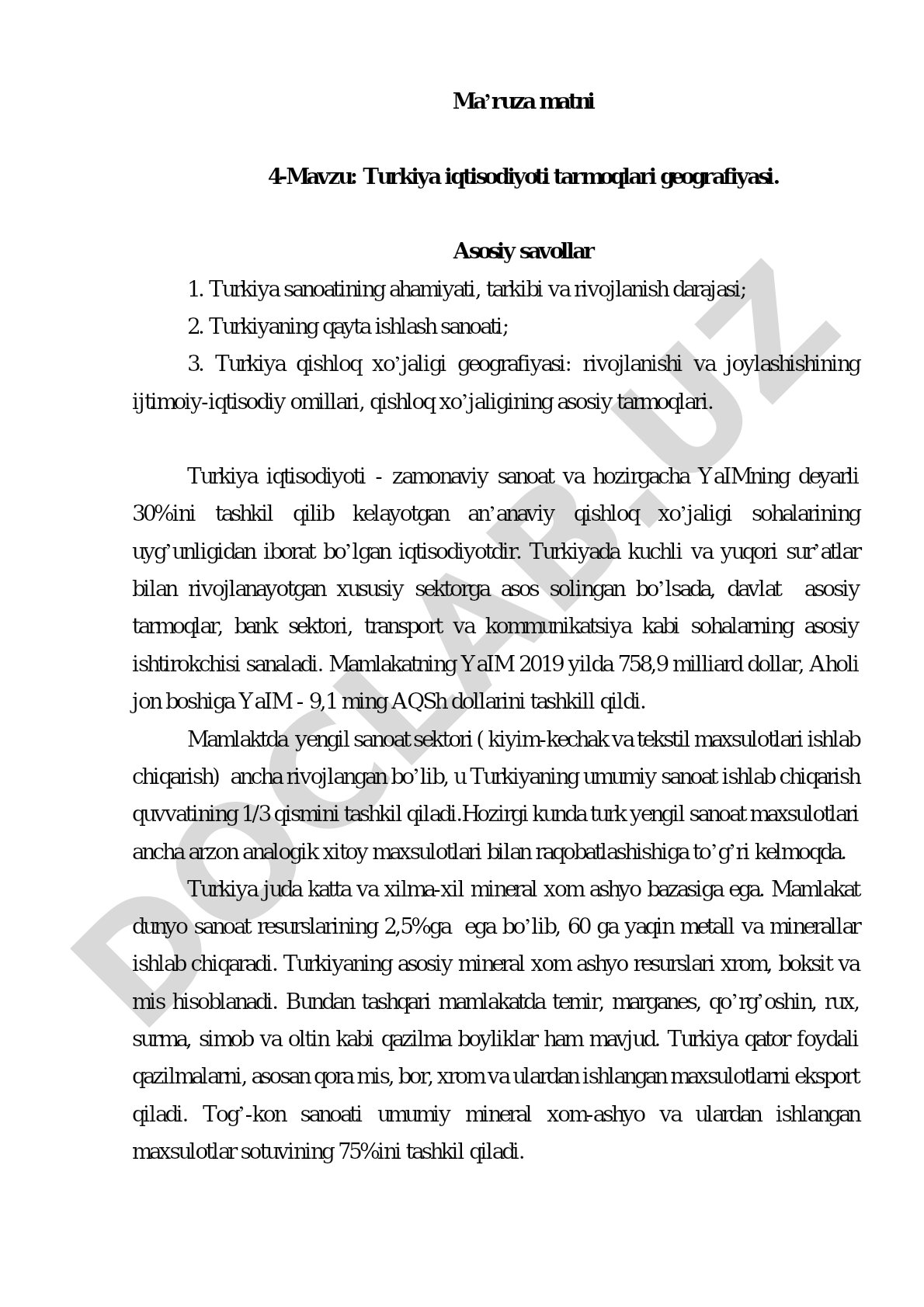 Turkiya iqtisodiyoti tarmoqlari geografiyasi