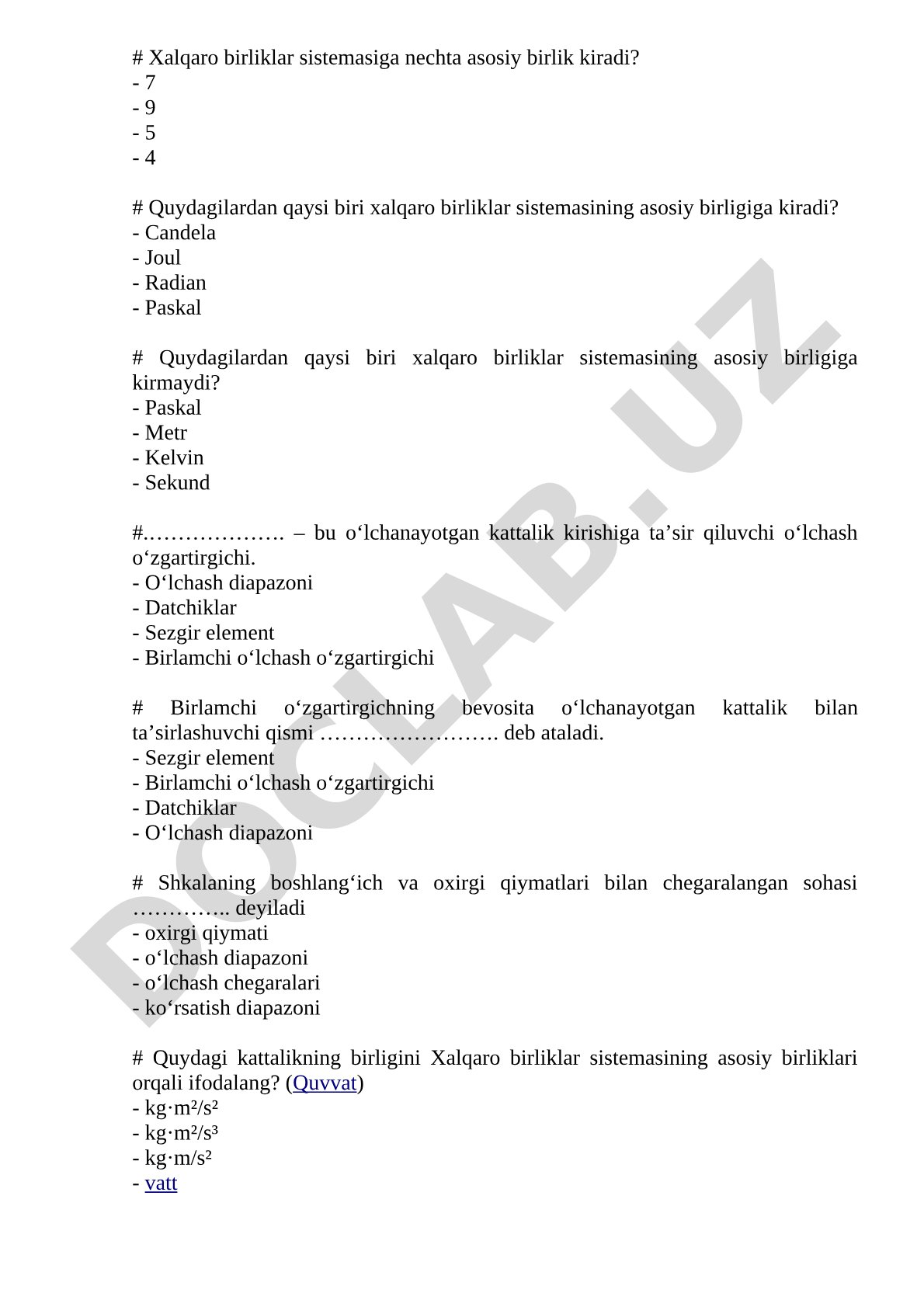 Xalqaro birliklar sistemasi asosiy birliklari