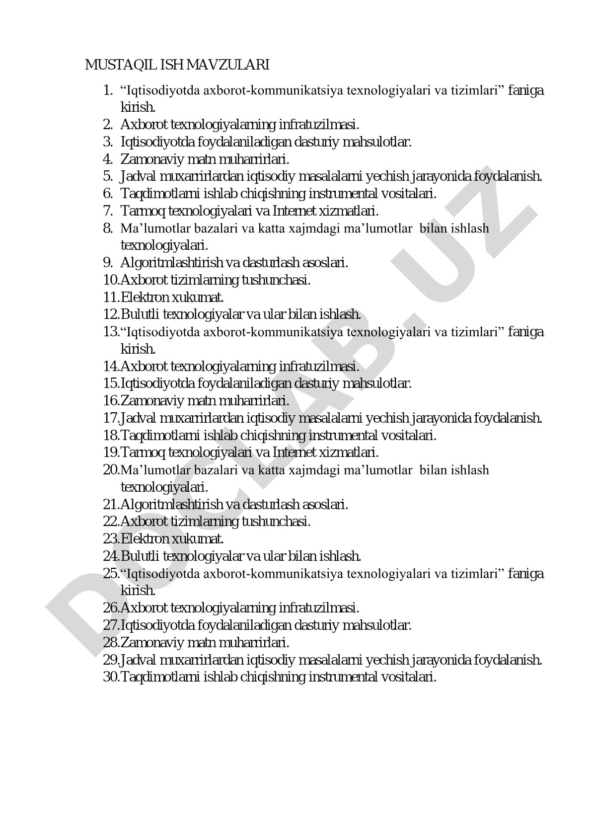 Iqtisodiyotda axborot-kommunikatsiya texnologiyalari va tizimlari fanidan mustaqil ish mavzulari