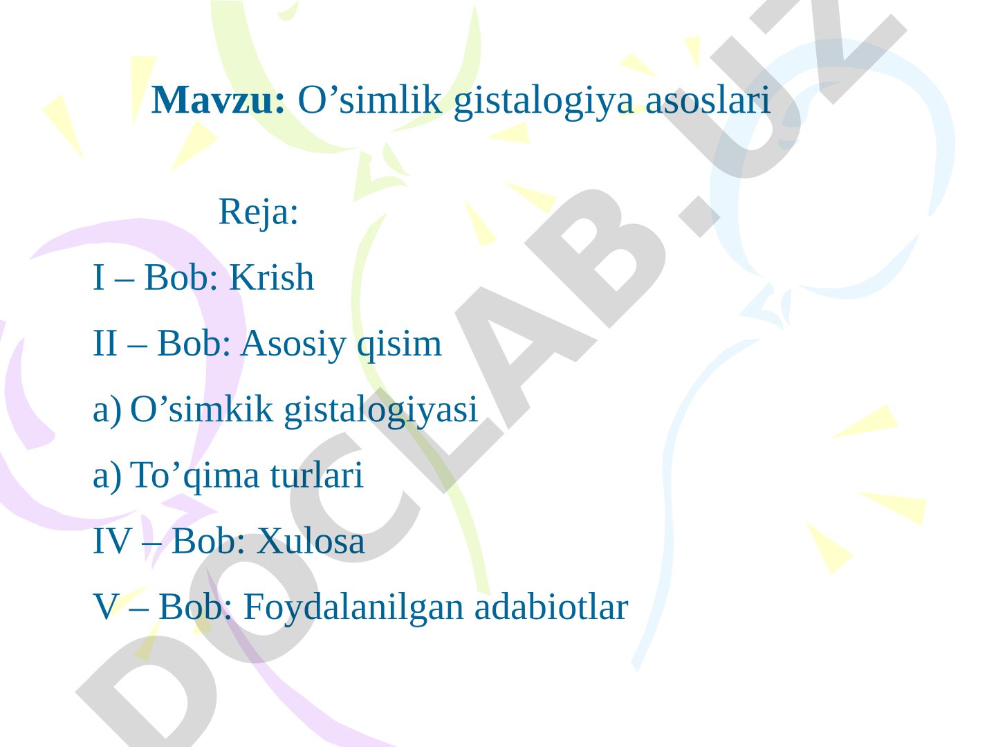 O'simlik to'qimalari turlari, tuzilishi va vazifalari haqida ma'lumot beruvchi taqdimot