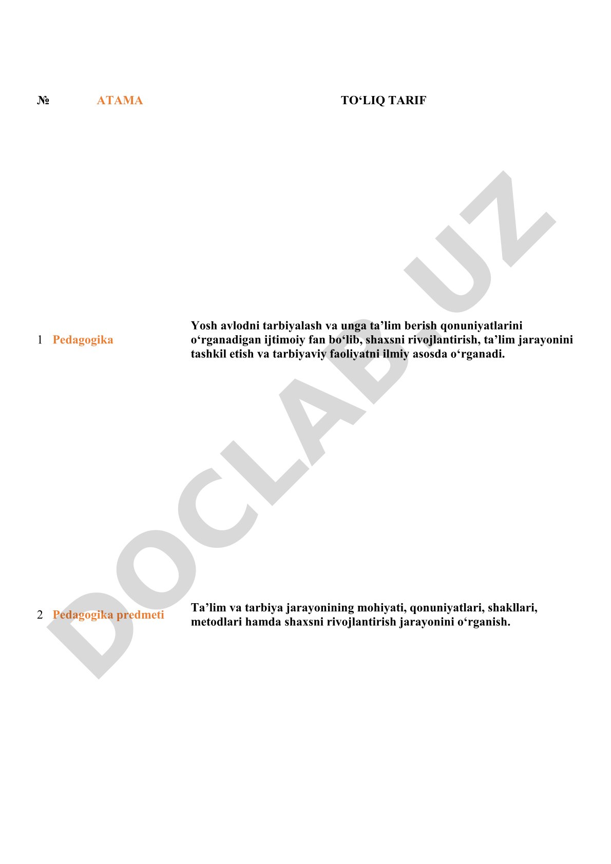 Pedagogika atamalarining ta'riflari