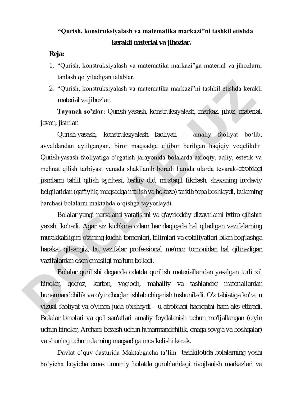 “Qurish, konstruksiyalash va matematika markazi”ni tashkil etishda kerakli material va jihozlar
