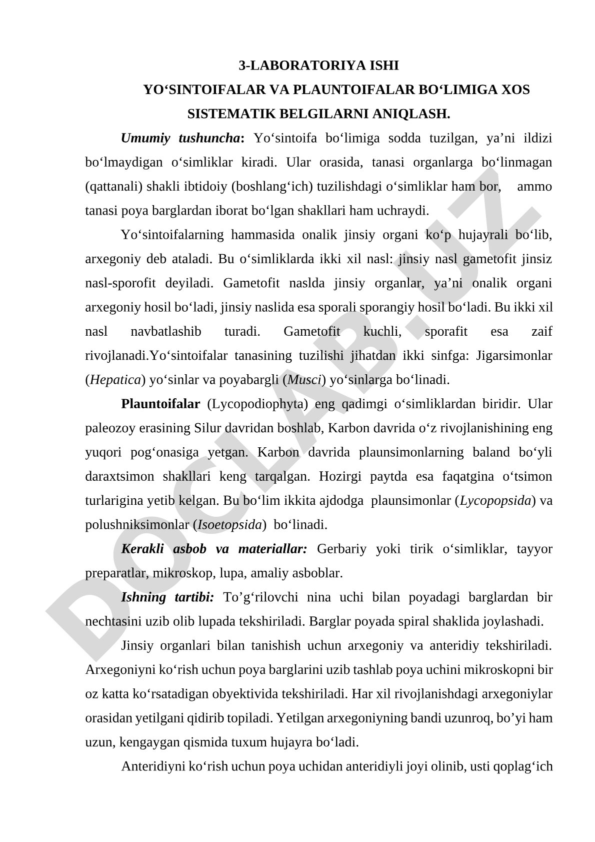 Yo‘sintoifalar va plauntoifalar bo‘limiga xos sistematik belgilarni aniqlash