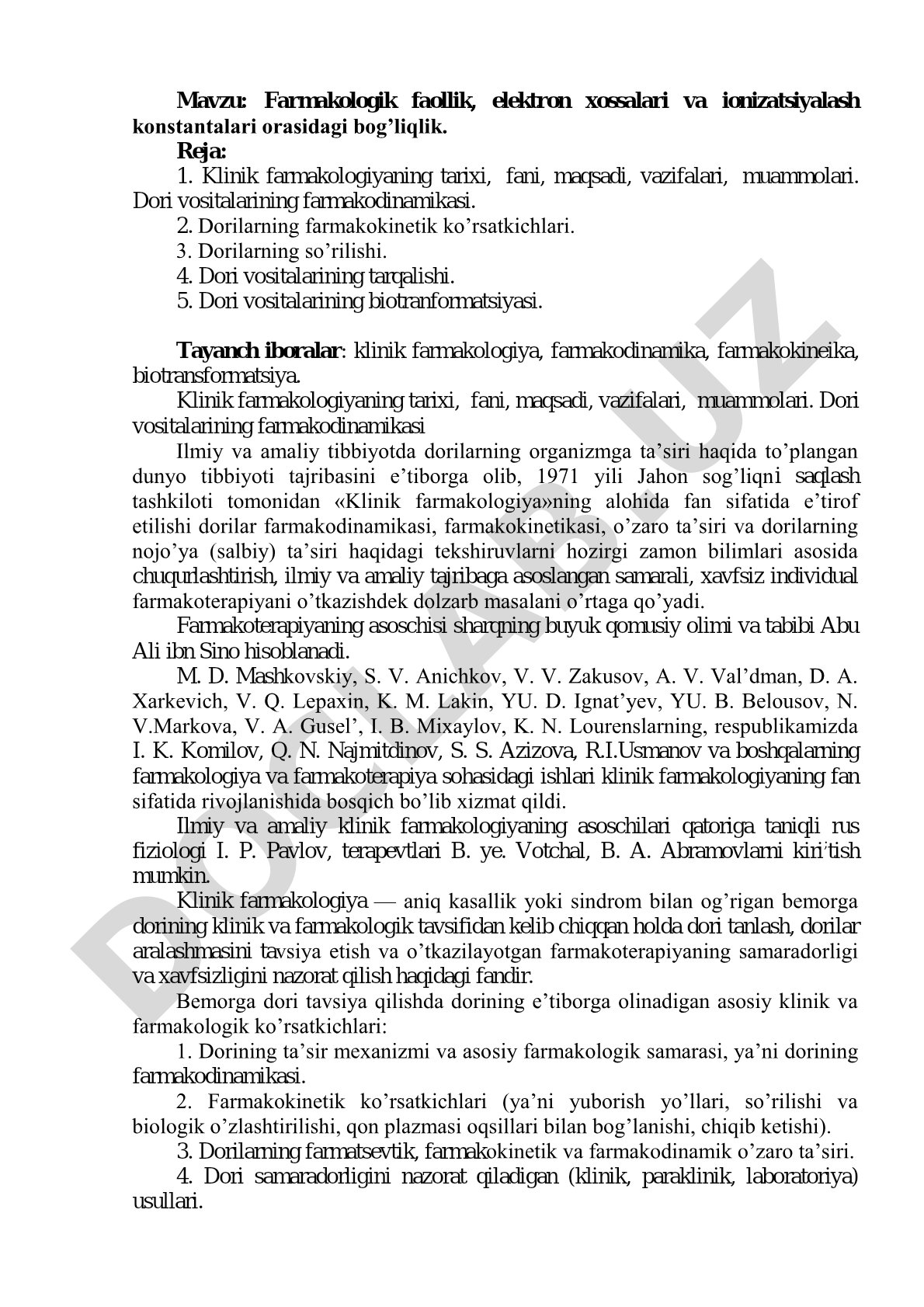 Farmakologik faollik, elektron xossalari va ionizatsiyalash konstantalari orasidagi bog’liqlik