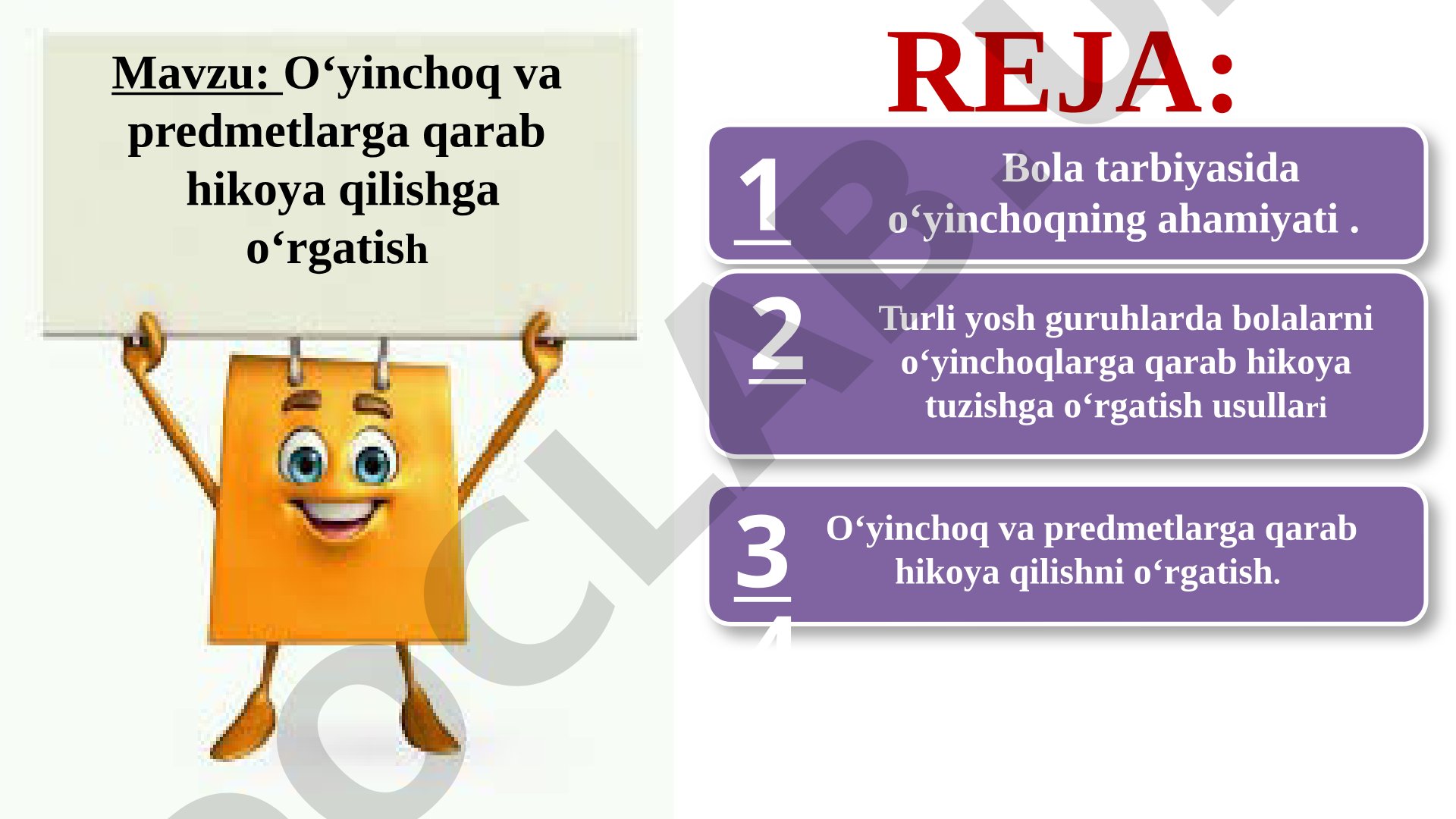 O‘yinchoq va predmetlarga qarab hikoya qilishga o‘rgatish