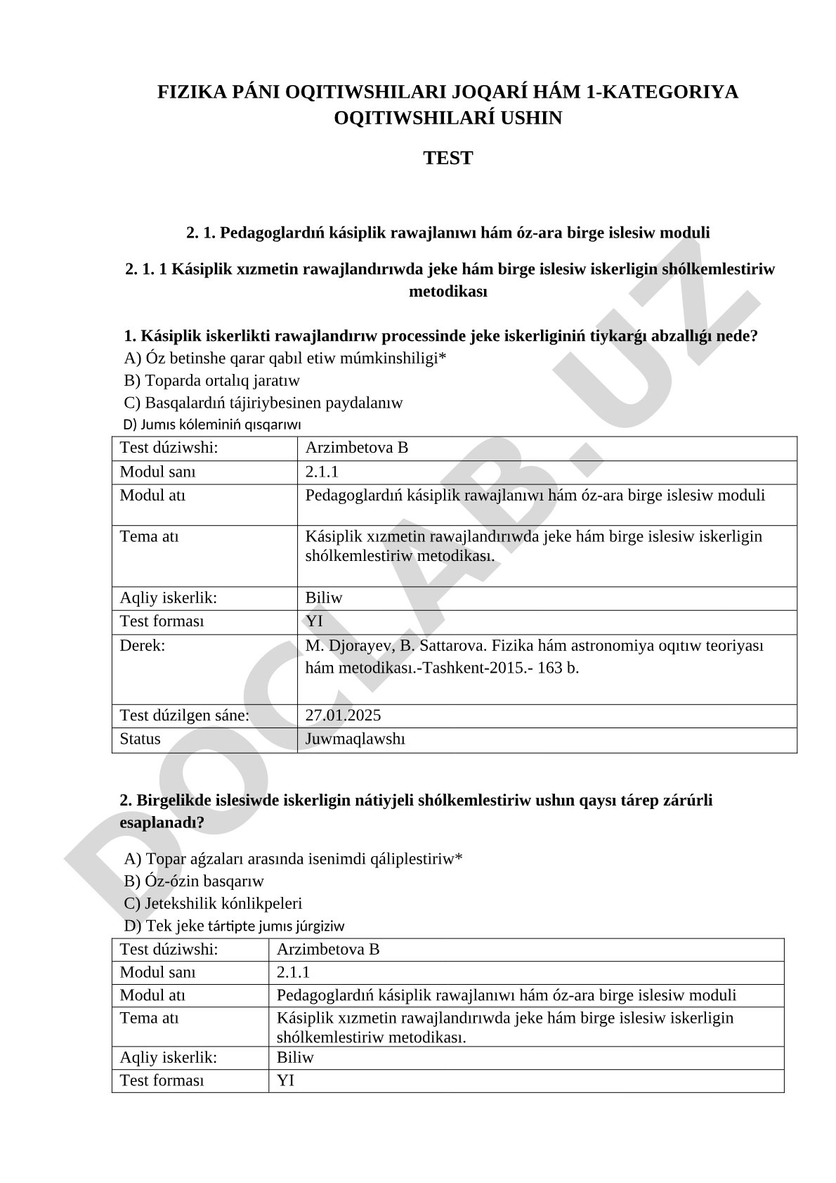 Fizika páni oqitiwshilari joqarí hám 1-kategoriya oqitiwshilarí ushin test 2.