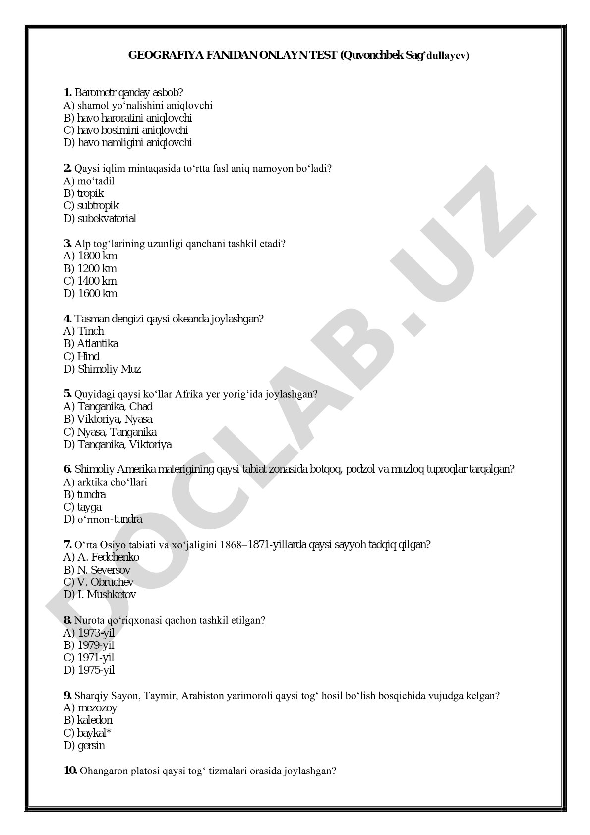 Geografiya fanidan onlayn test