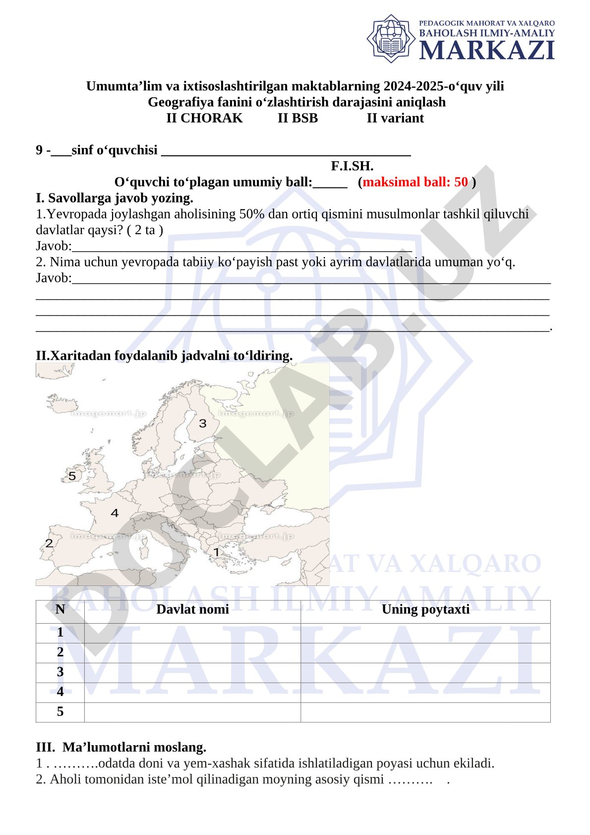 Geografiya fanidan 9-sinf II chorak testi
