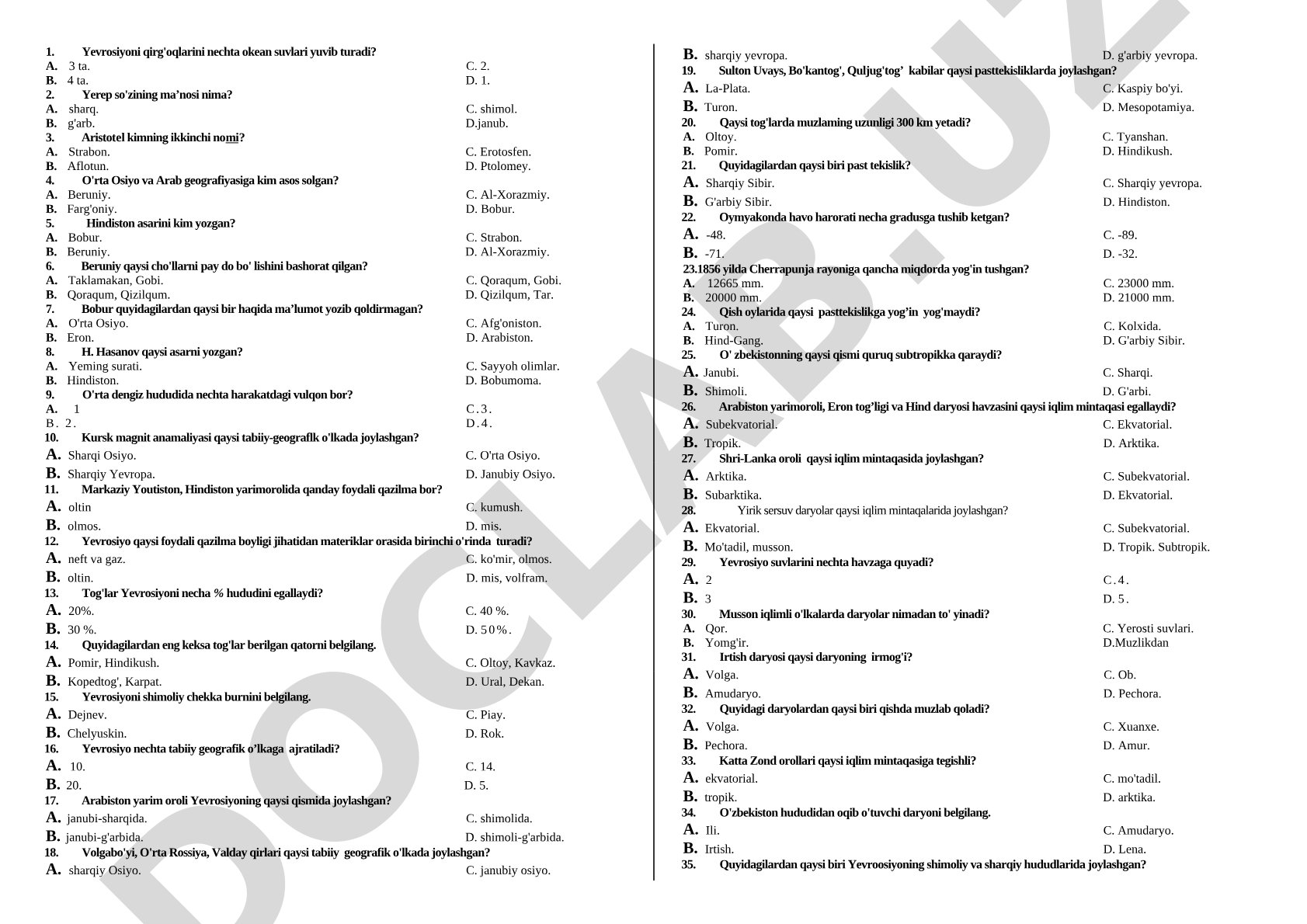 Yevrosiyo geografiyasi bo'yicha test savollari