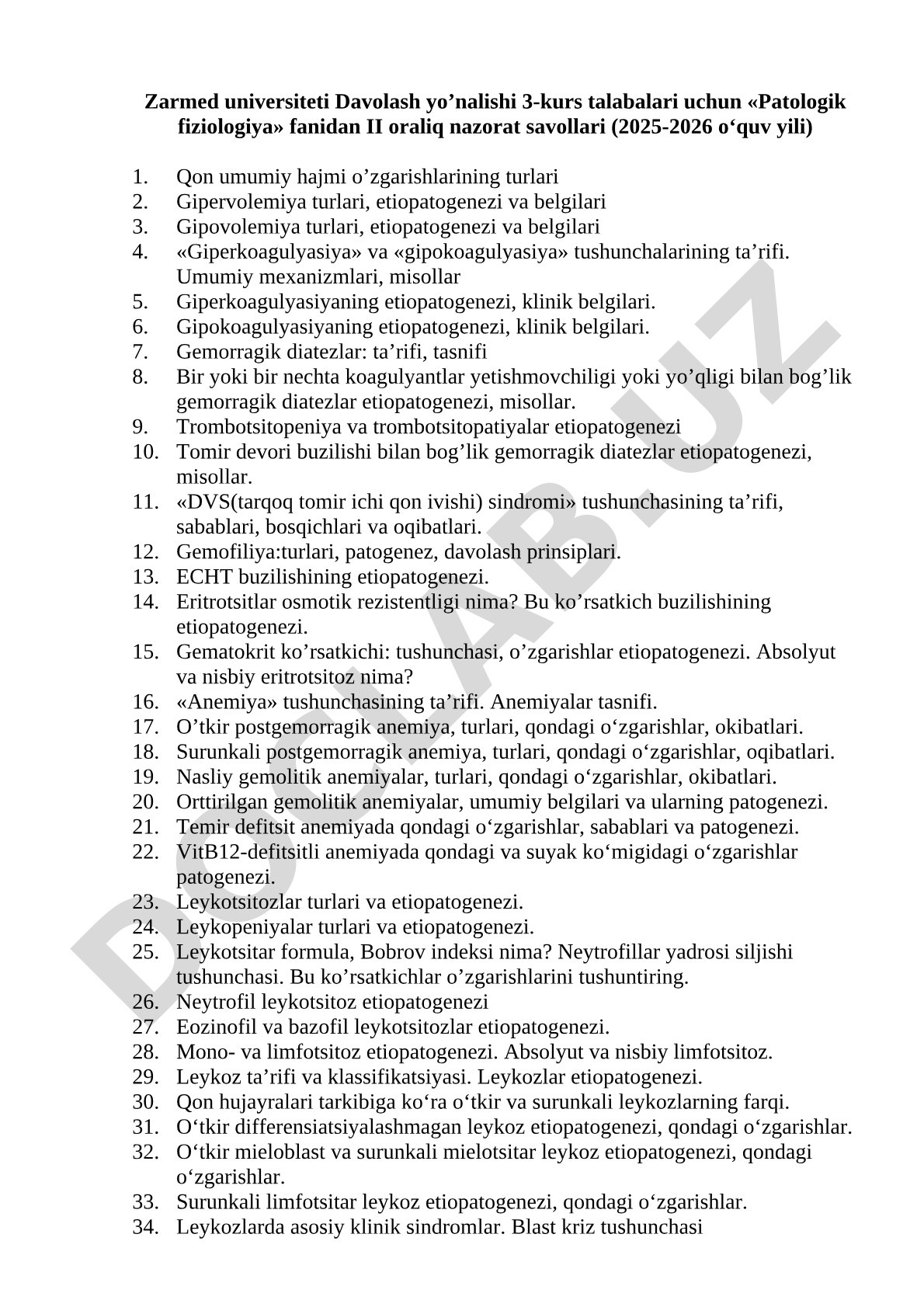 Patologik fiziologiya fanidan II oraliq nazorat savollari