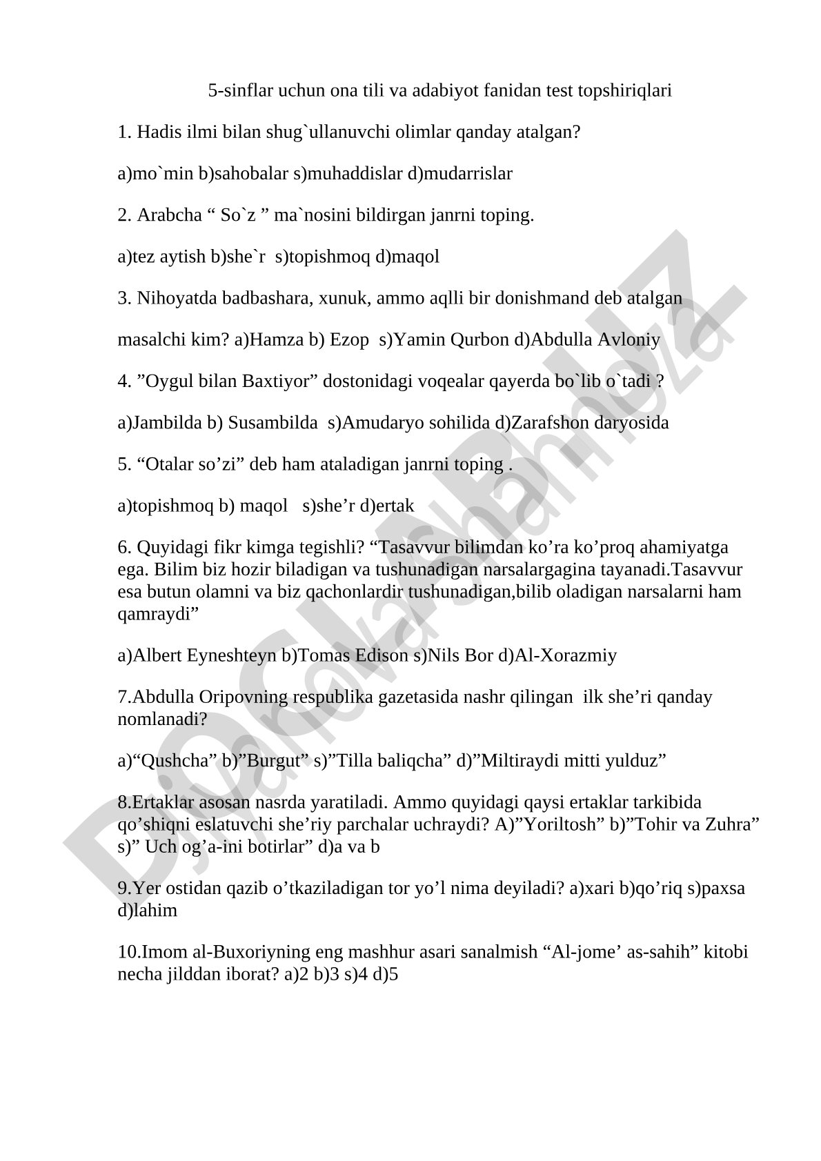 5-sinflar uchun ona tili va adabiyot fanidan test topshiriqlari