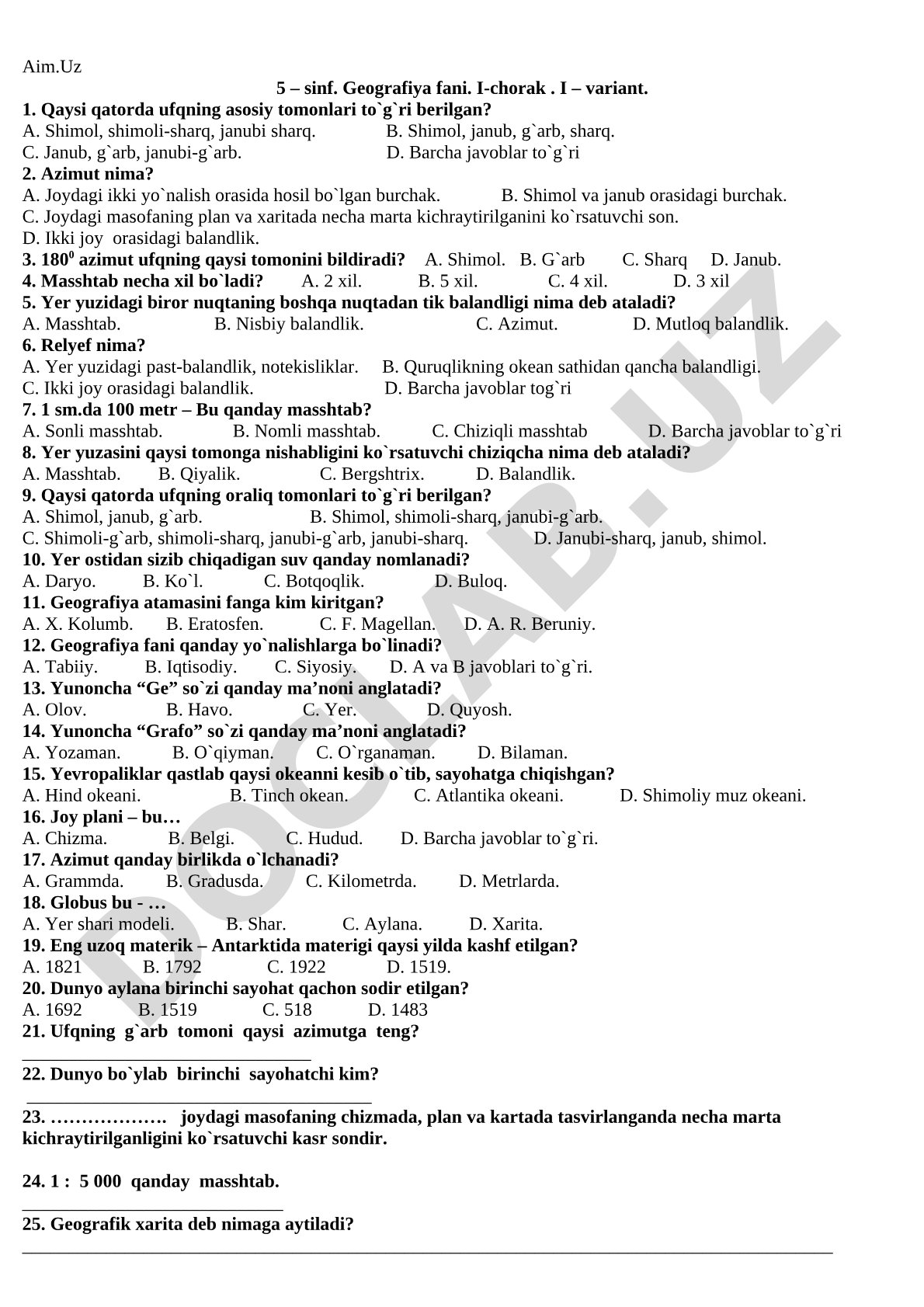 5 – sinf. Geografiya fani. I-chorak . I – variant.