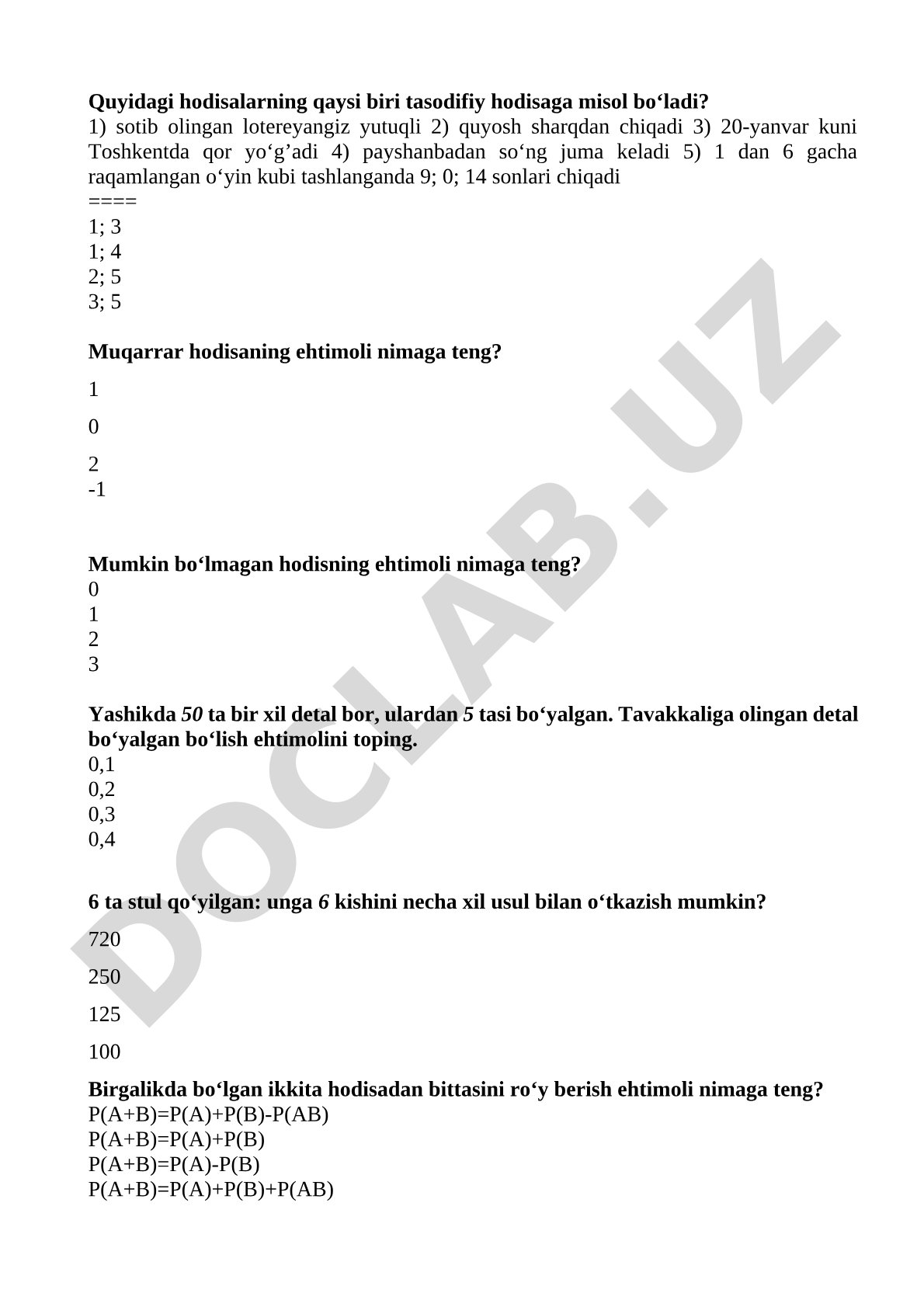 Ehtimollar nazariyasi test savollari