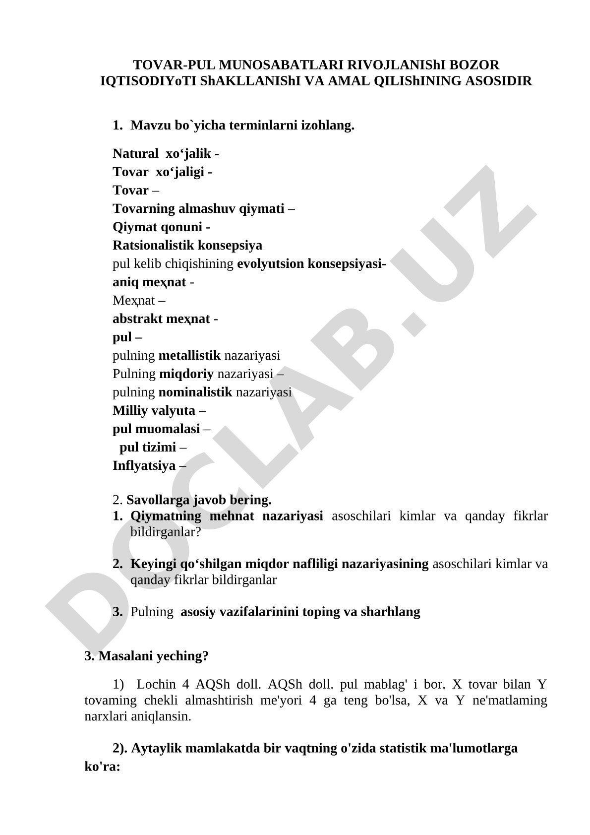 TOVAR-PUL MUNOSABATLARI RIVOJLANISHI BOZOR IQTISODIYOTI SHAKLLANISHI VA AMAL QILISHINING ASOSIDIR
