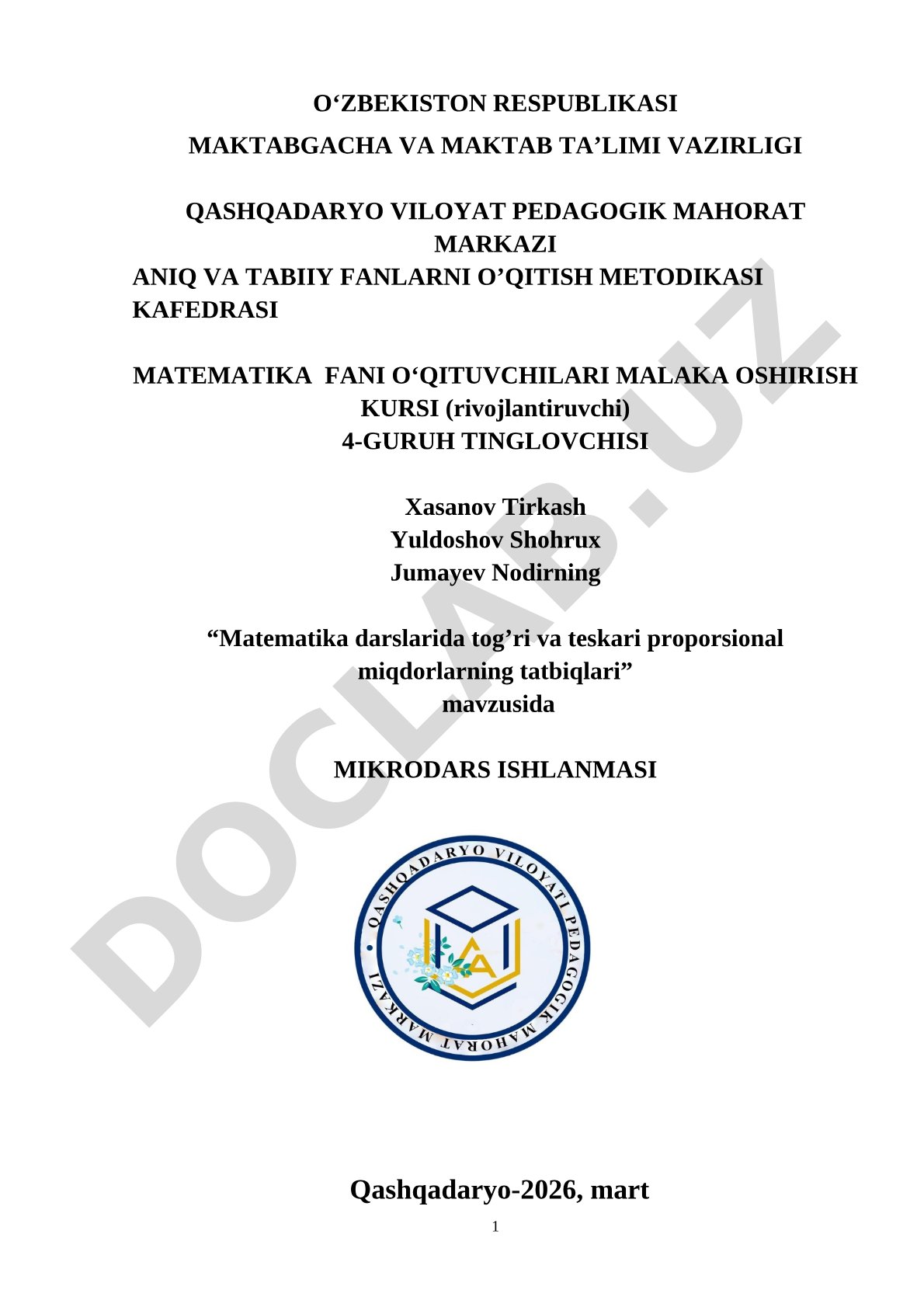 Matematika darslarida to'g'ri va teskari proporsional miqdorlarning tatbiqlari