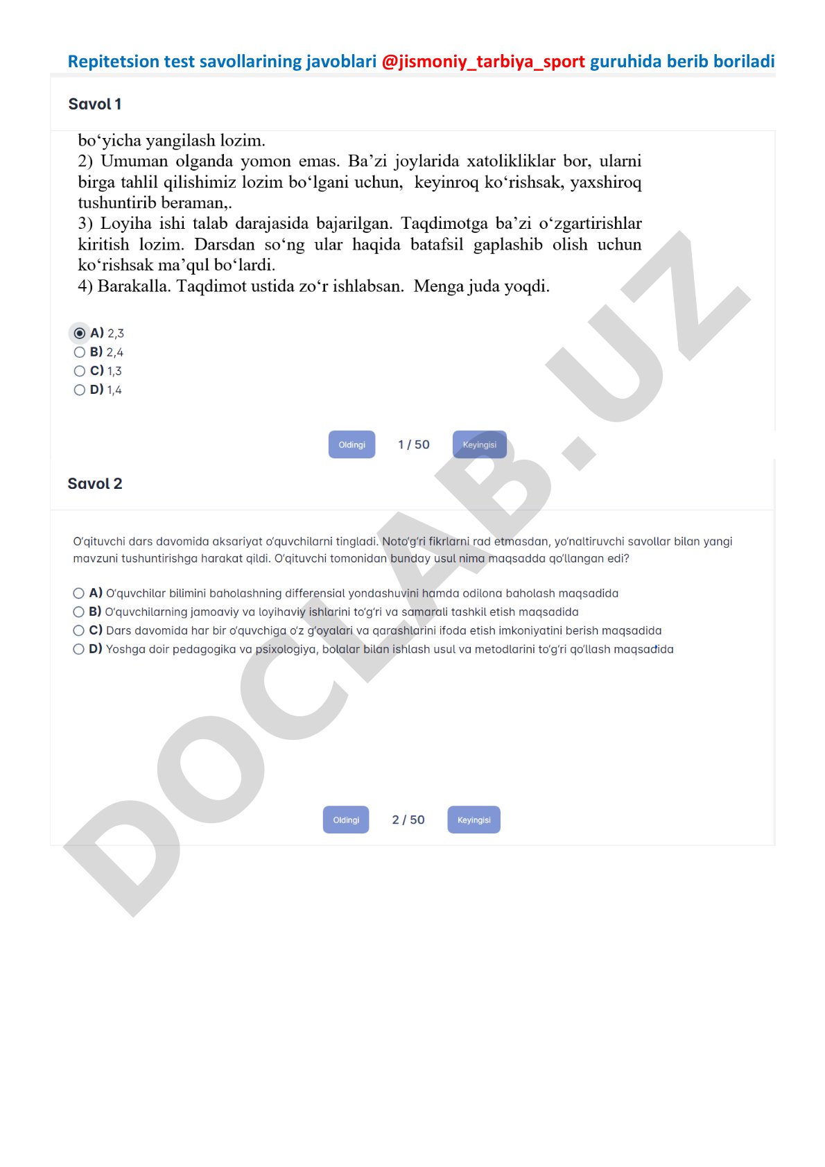 Repitetsion test savollarining javoblari