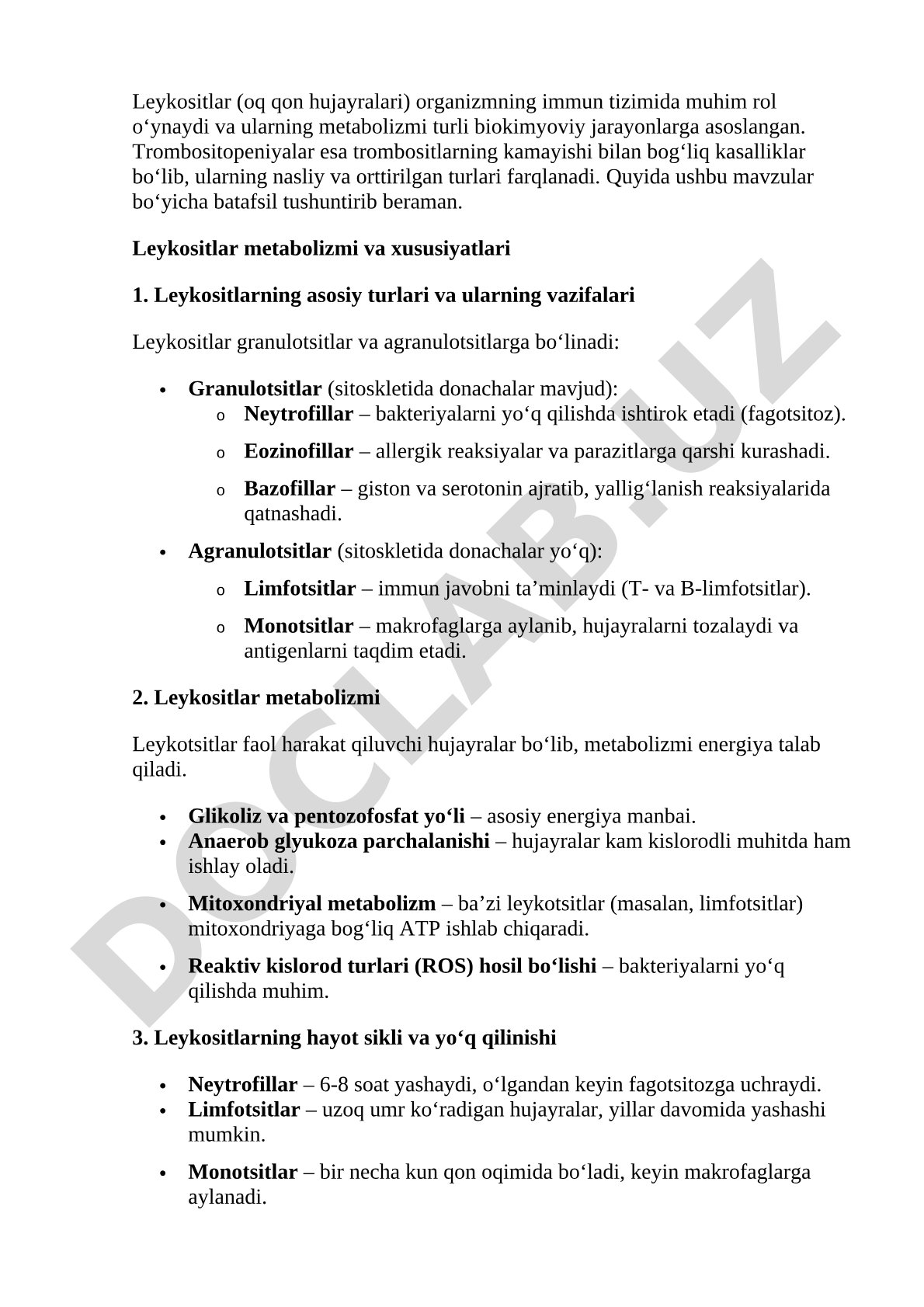 Leykositlar metabolizmi va trombositopeniyalar