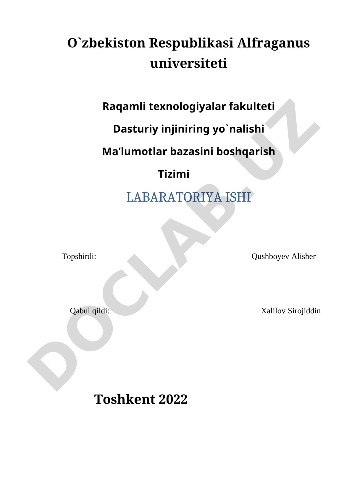 Ma'lumotlar bazasini boshqarish tizimi laboratoriya ishi