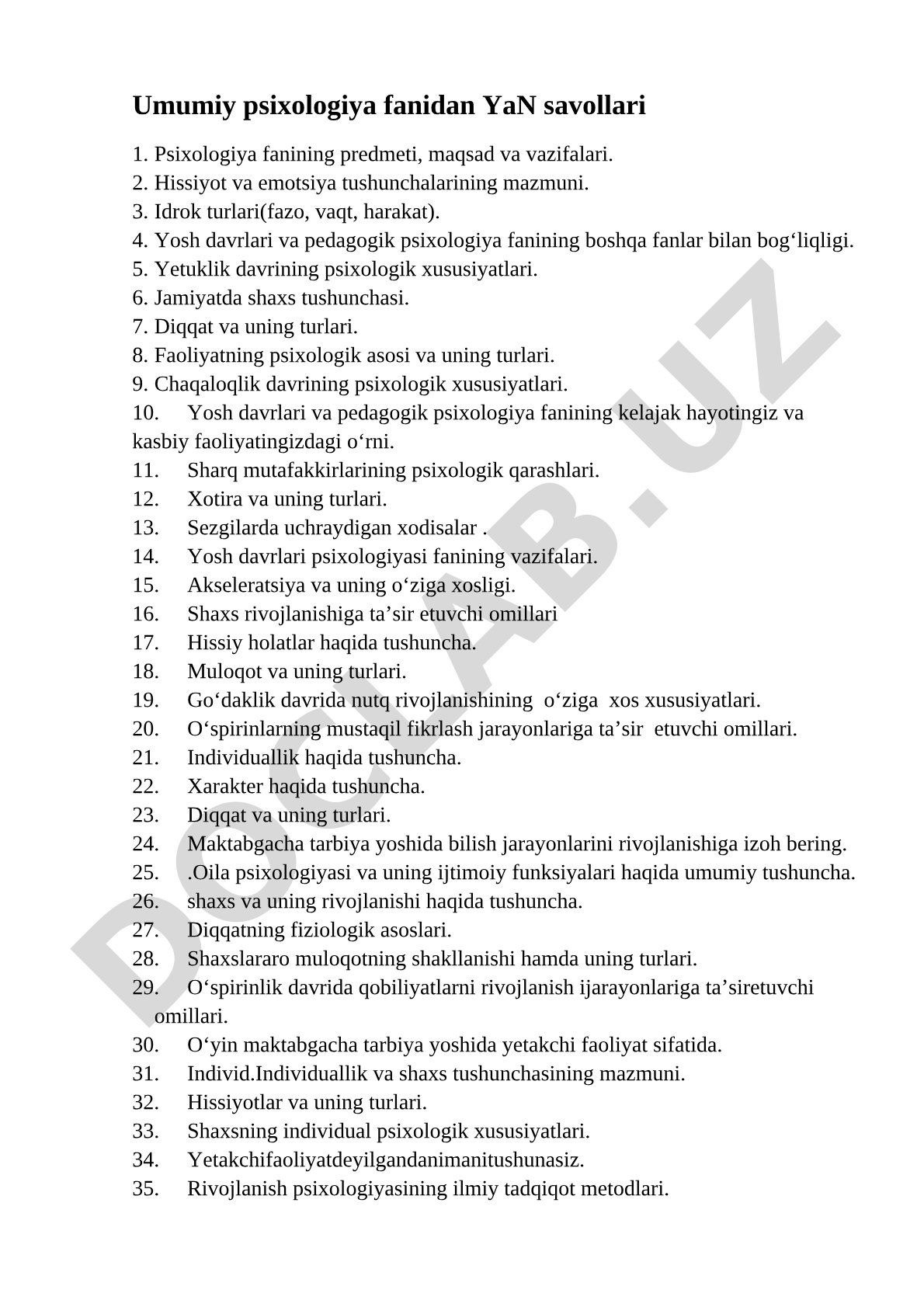 Umumiy psixologiya fanidan YaN savollari