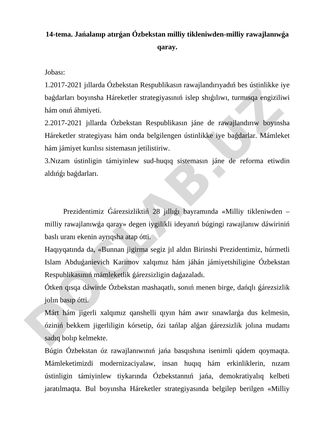 Jańalanıp atırǵan Ózbekstan milliy tikleniwden-milliy rawajlanıwǵa qaray