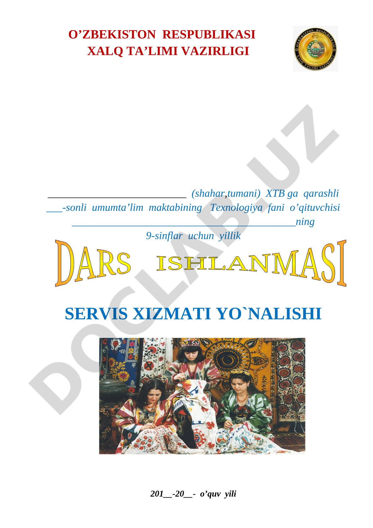 9-sinflar uchun yillik dars ishlanmasi servis xizmati yo'nalishi