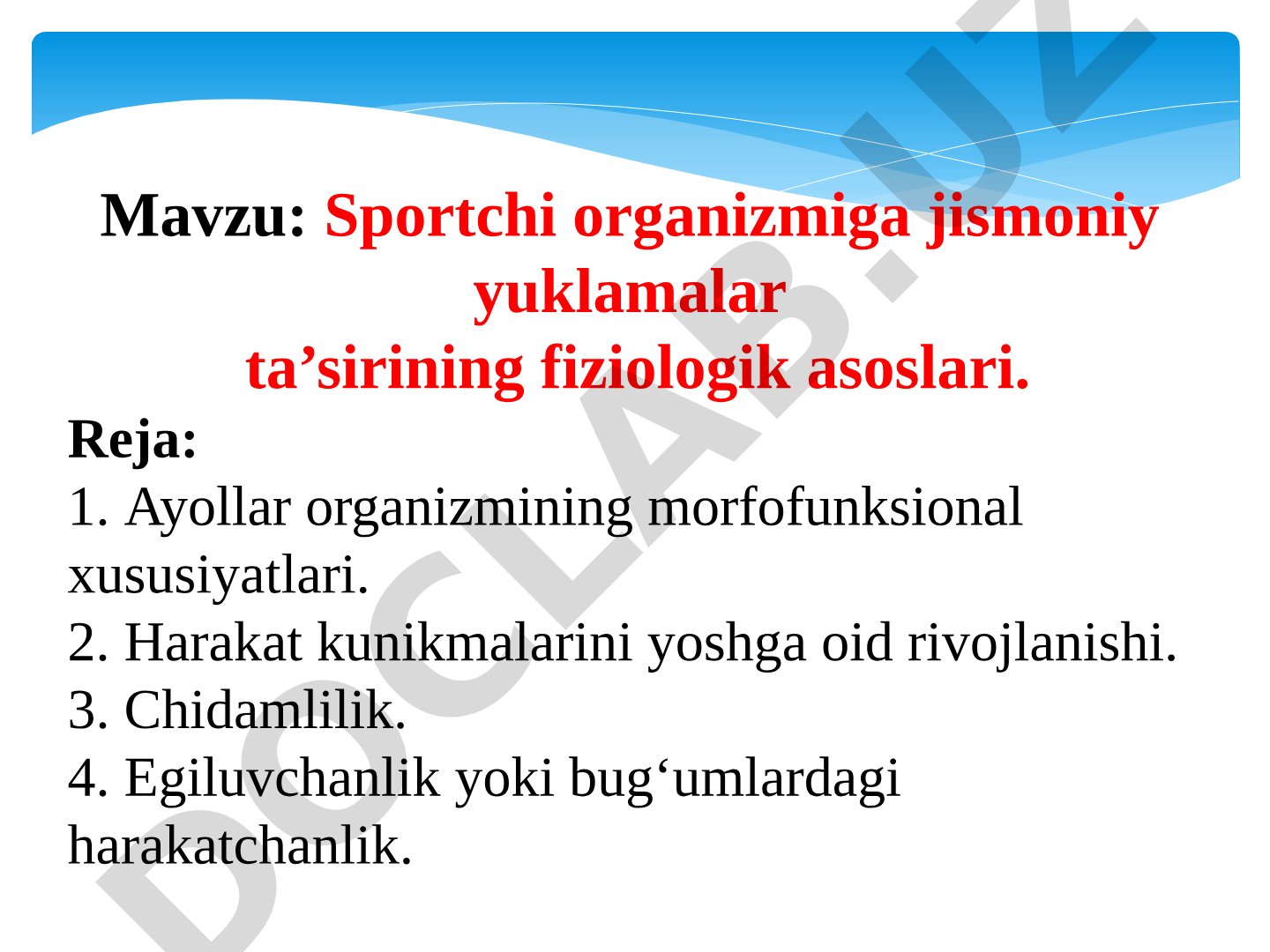 Sportchi organizmiga jismoniy yuklamalar ta’sirining fiziologik asoslari
