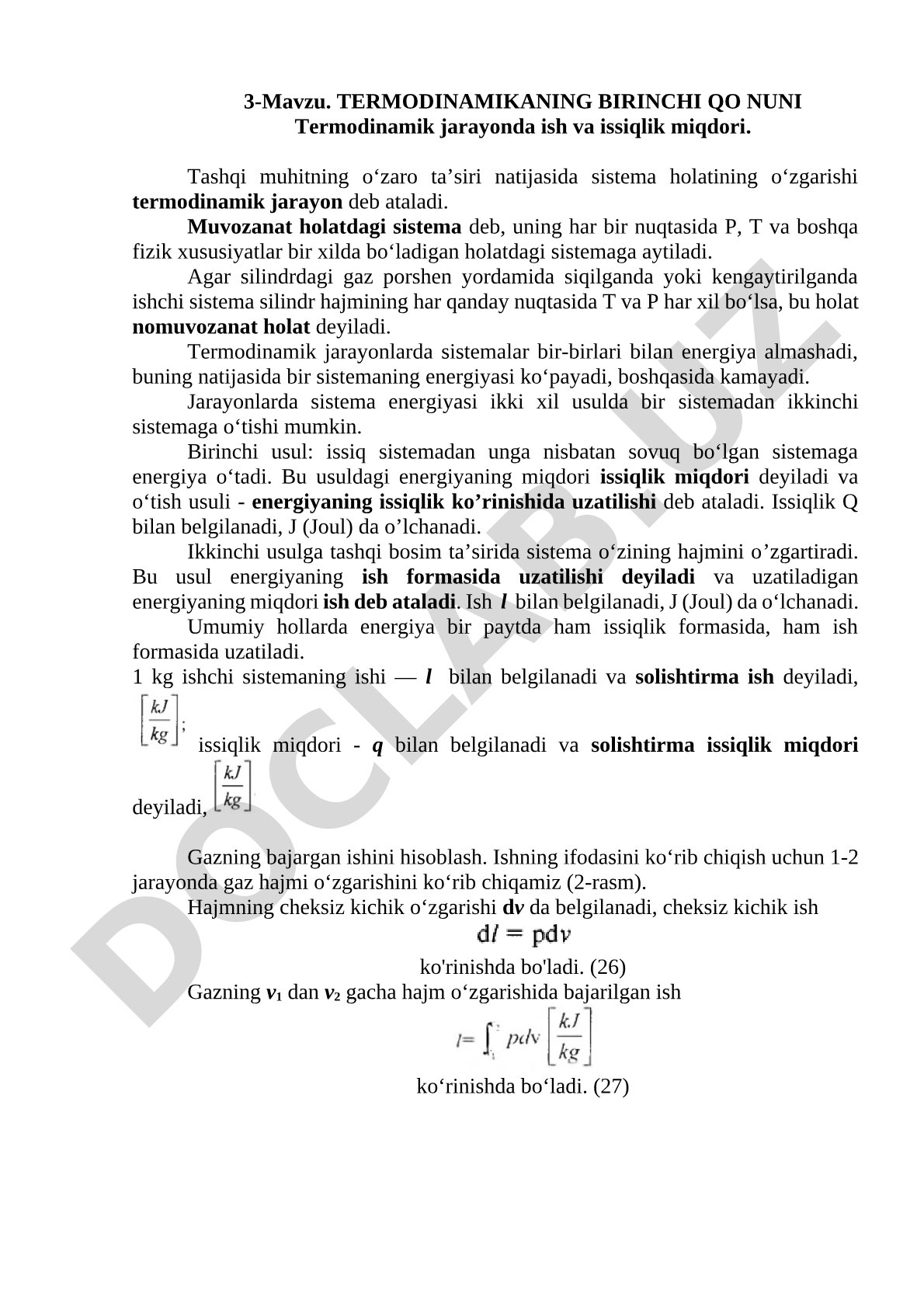 Termodinamik jarayonlarda ish va issiqlik miqdori tushunchalari bayon etilgan