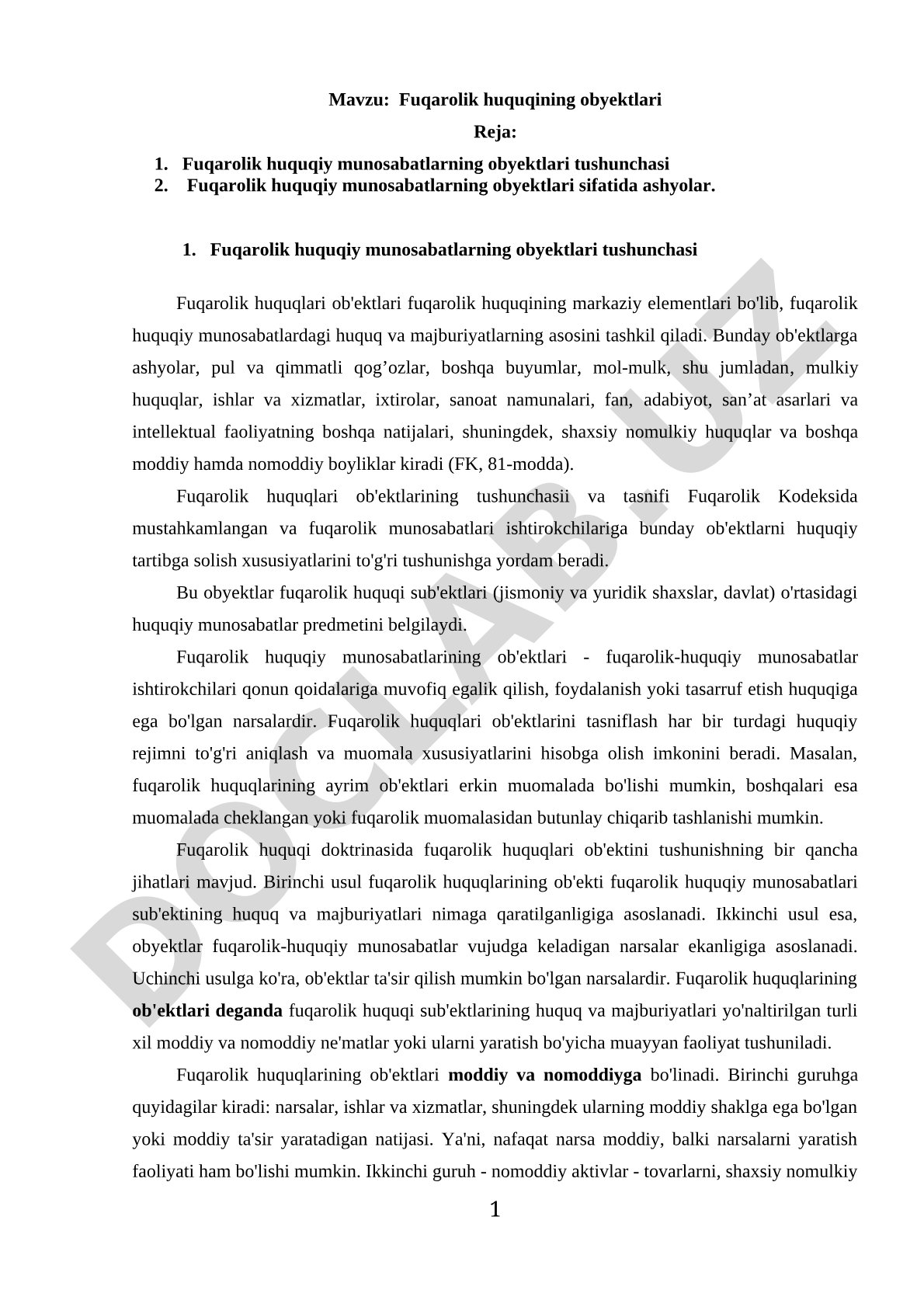 Fuqarolik huquqining obyektlari