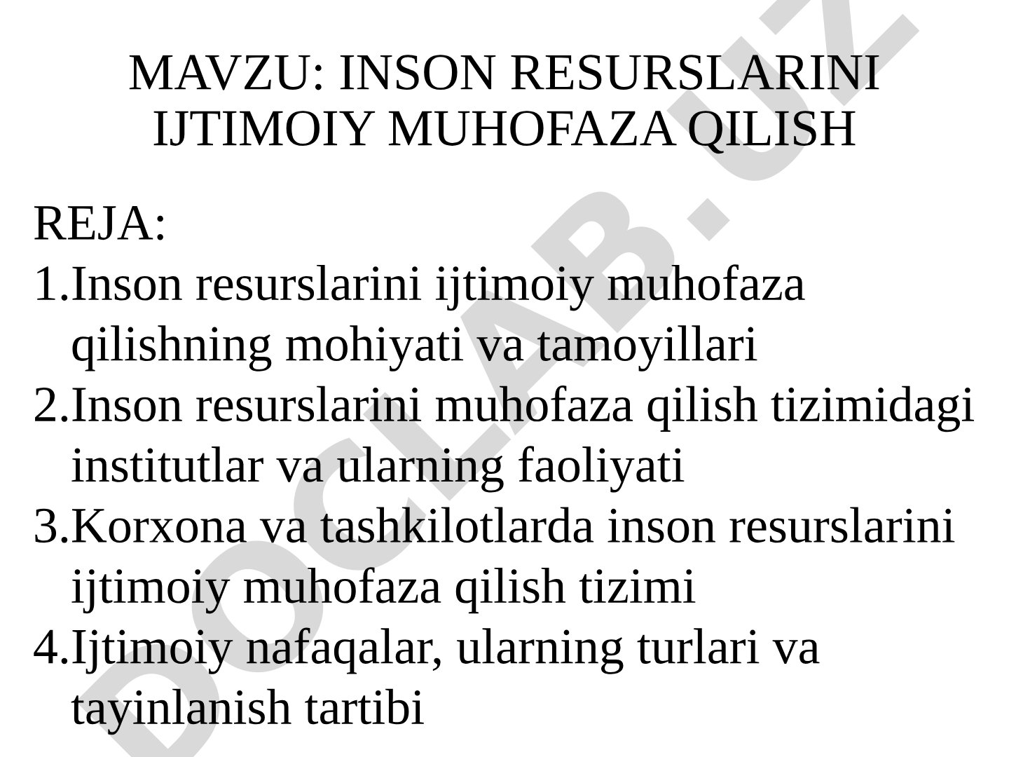 Inson resurslarini ijtimoiy muhofaza qilish reja