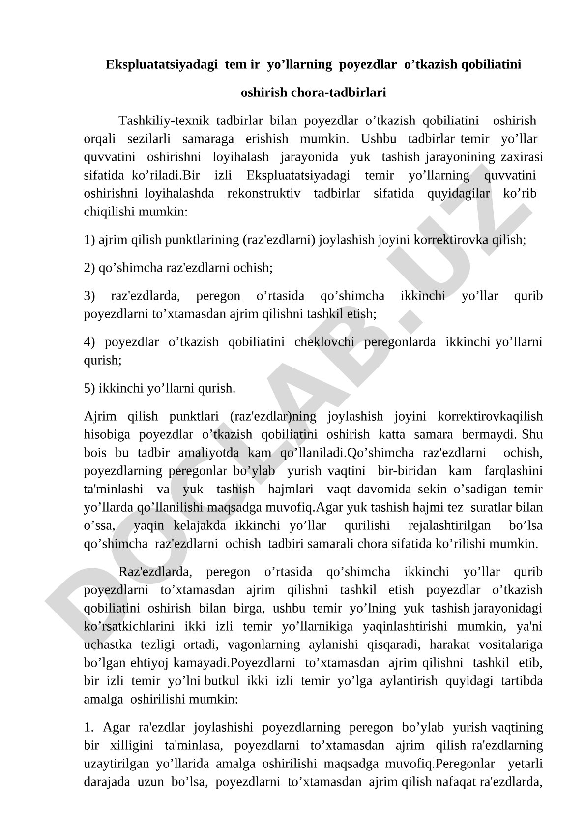 Ekspluatatsiyadagi temir yo’llarning poyezdlar o’tkazish qobiliatini oshirish chora-tadbirlari