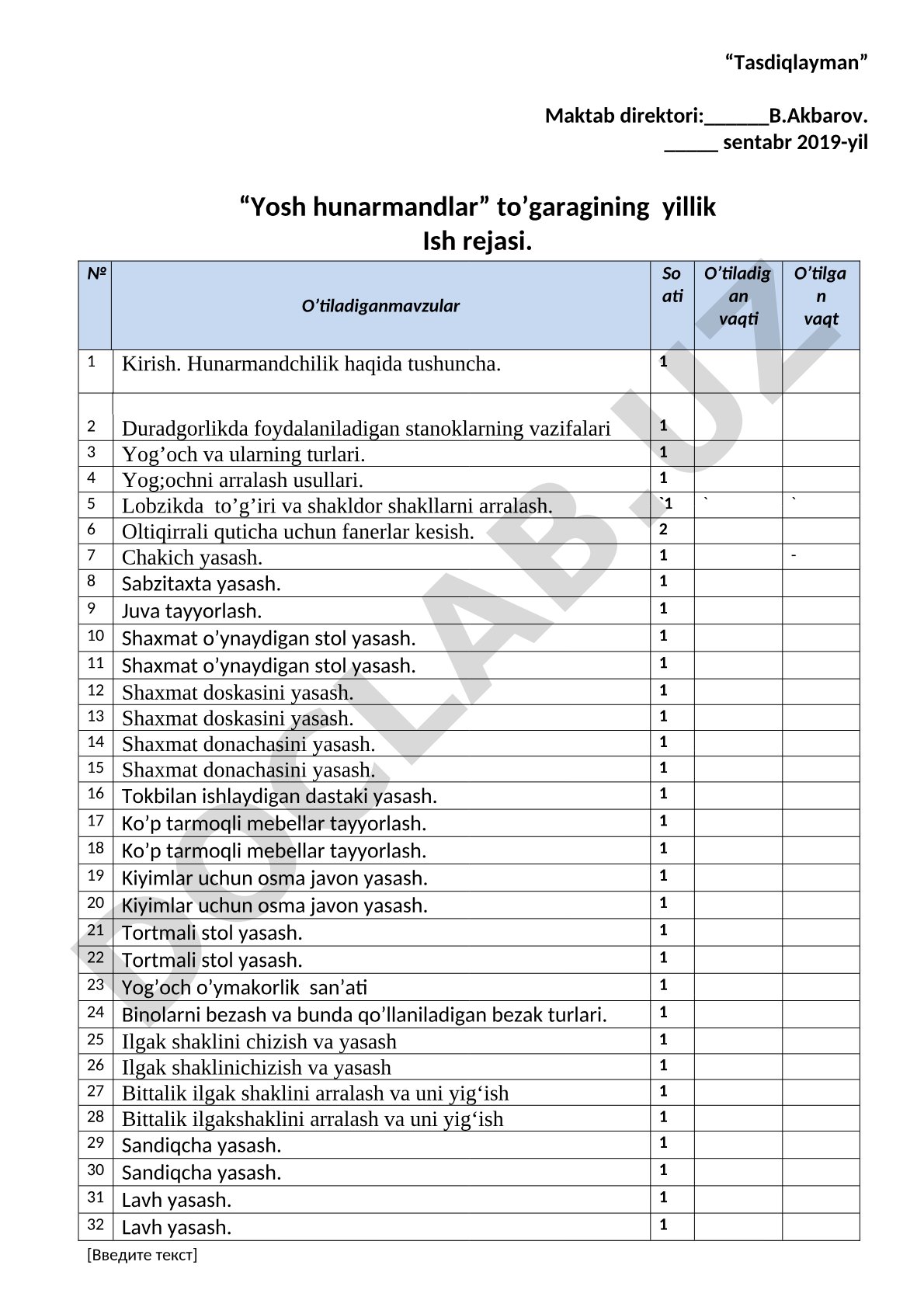 Yosh hunarmandlar to'garagining yillik ish rejasi