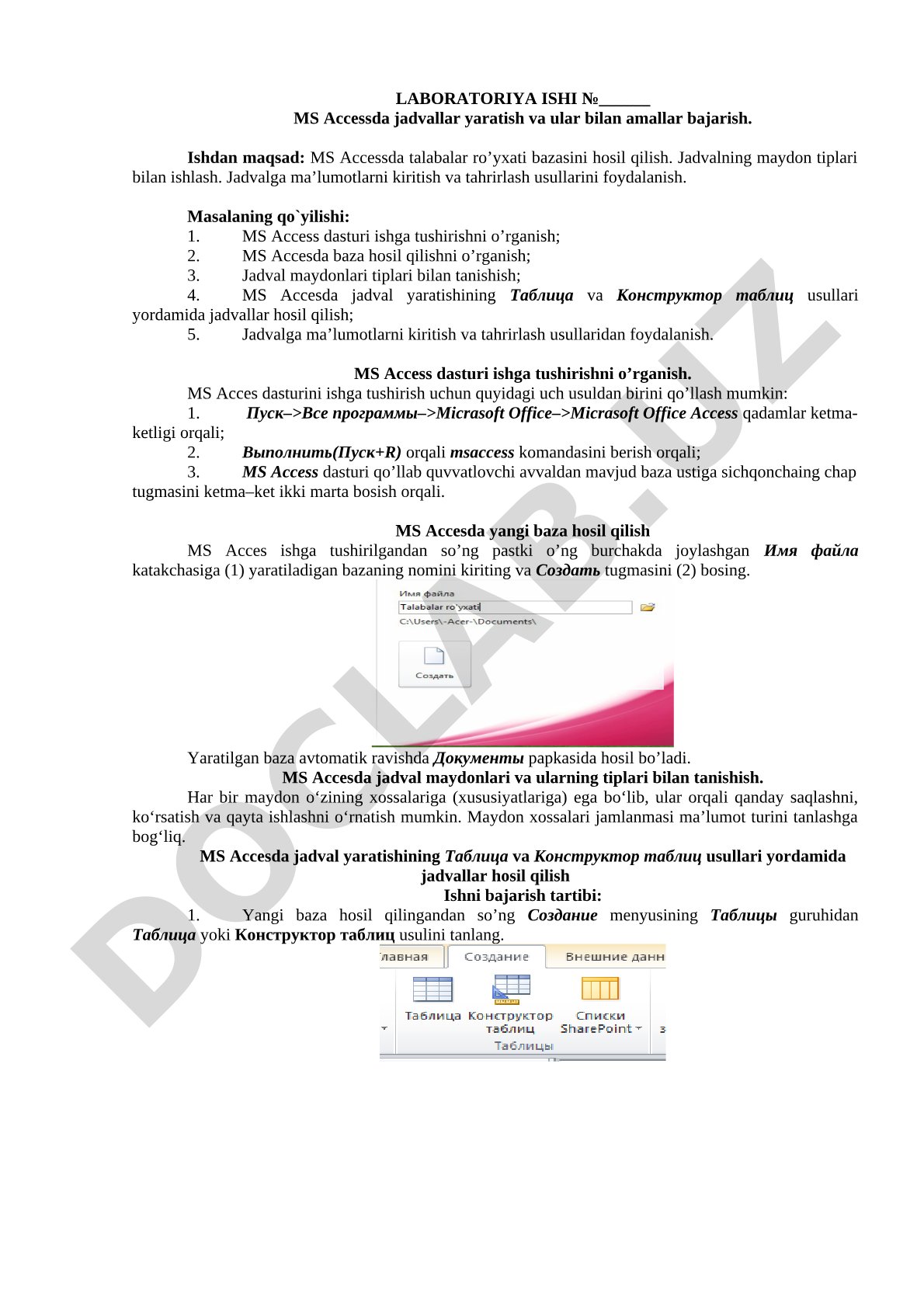 MS Accessda jadvallar yaratish va ular bilan amallar bajarish