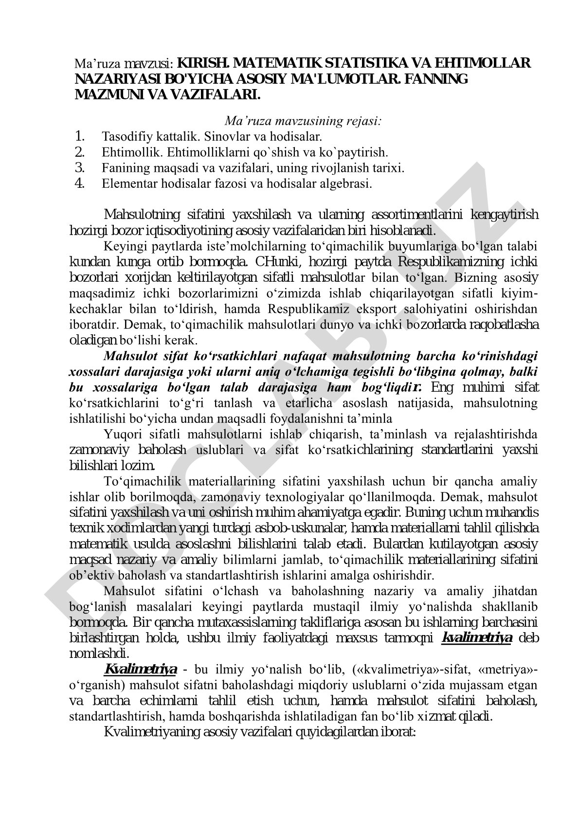Kirish. Matematik statistika va ehtimollar nazariyasi bo'yicha asosiy ma'lumotlar. Fanning mazmuni va vazifalari