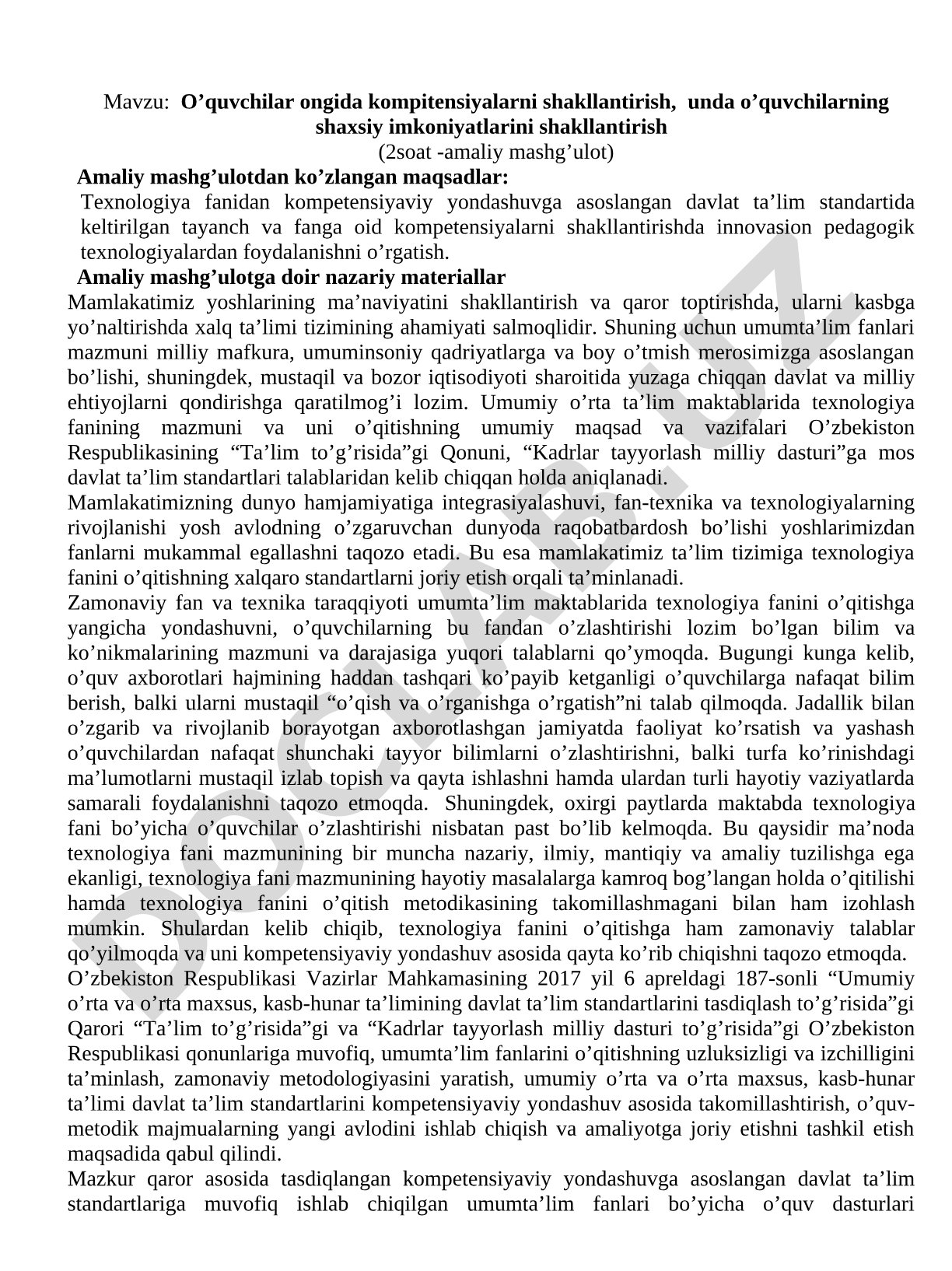 O’quvchilar ongida kompitensiyalarni shakllantirish, unda o’quvchilarning shaxsiy imkoniyatlarini shakllantirish (2soat -amaliy mashg’ulot)